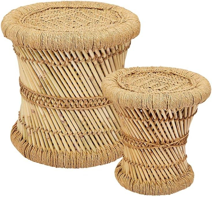 Natural Bamboo Round Woven Accent Stools, Set of 2
