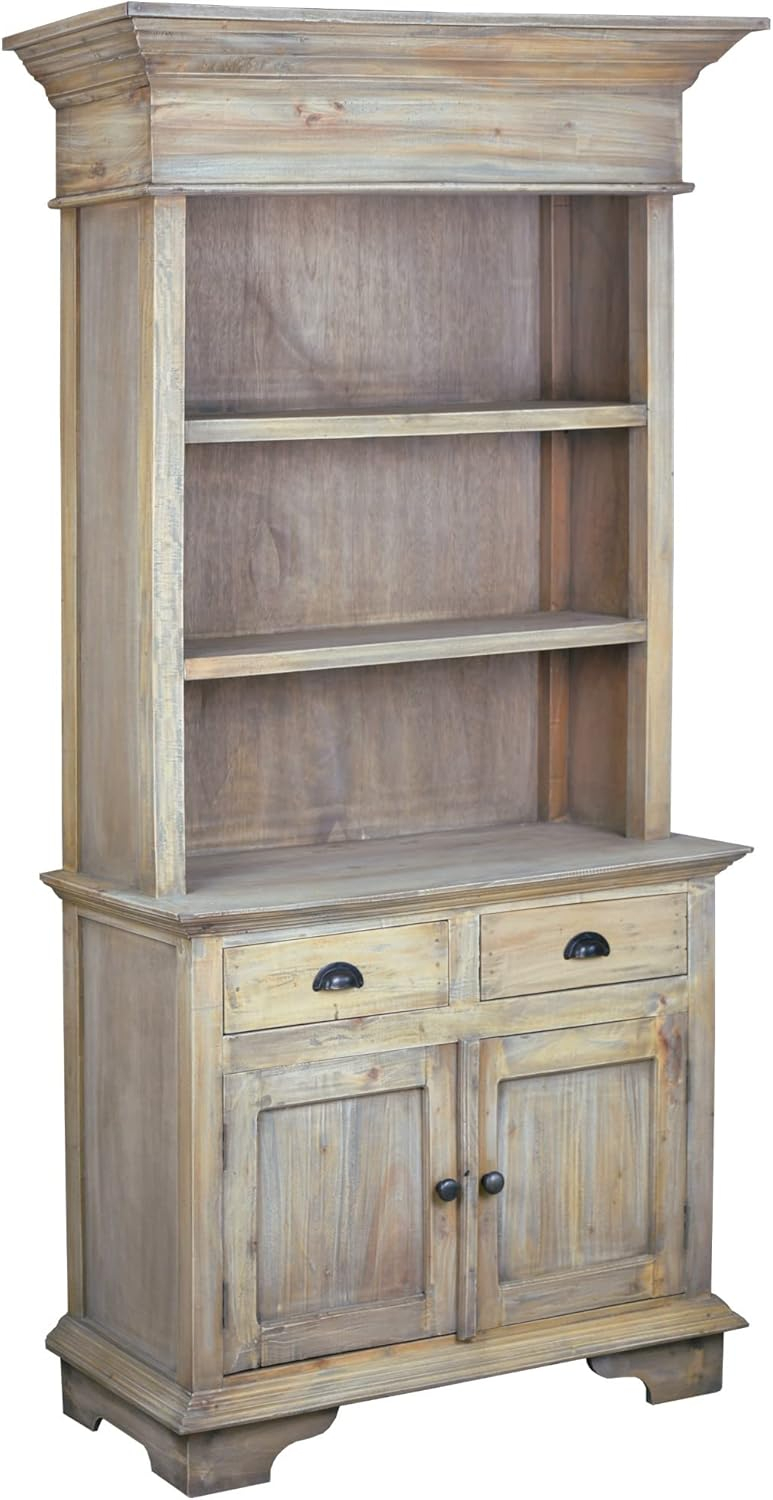 Cottage Hutch Buffet Driftwood Brown Bookcase Cabinet Solid Wood Mahogany