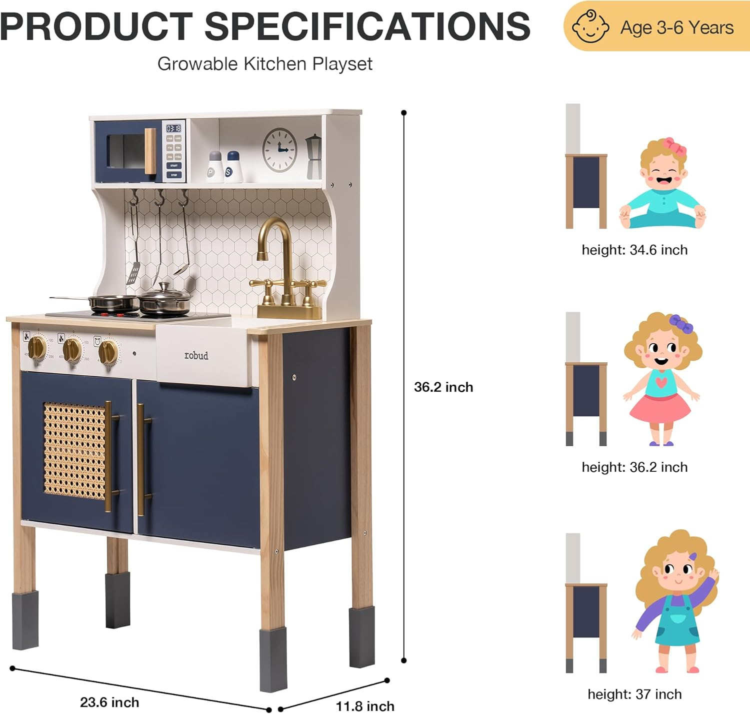 Robud Play Kitchen, Wooden Adjustable Height Pretend Playset for 3+ Boys and Girls, w/Sound & Light,Gem Blue