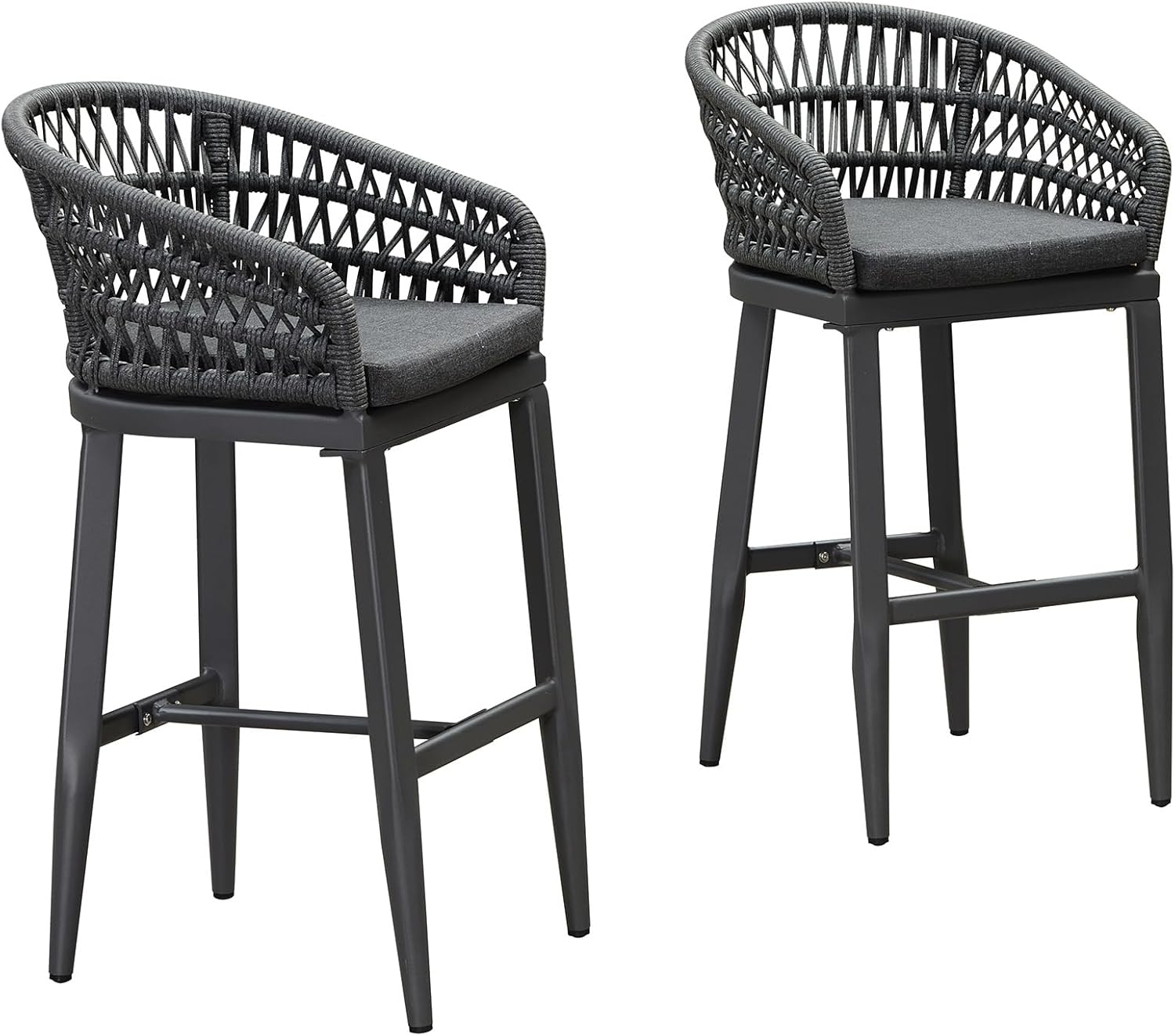 PURPLE LEAF Outdoor Rattan 29" Bar Stools Set of 2, Modern Boho Aluminum Patio Bar Height Chair with Cushion and Back for Outdoor and Indoor, Grey
