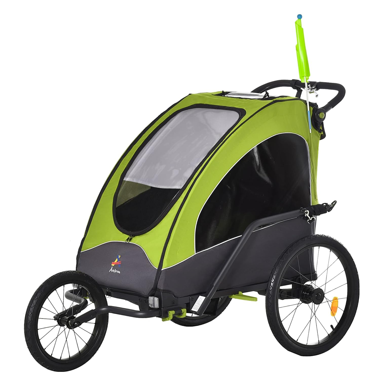 Aosom Bike Trailer for Kids 3 In1 Foldable Child Jogger Stroller Baby Stroller Transport Carrier with Shock Absorber System Rubber Tires Adjustable Handlebar Kid Bicycle Trailer Green and Gray