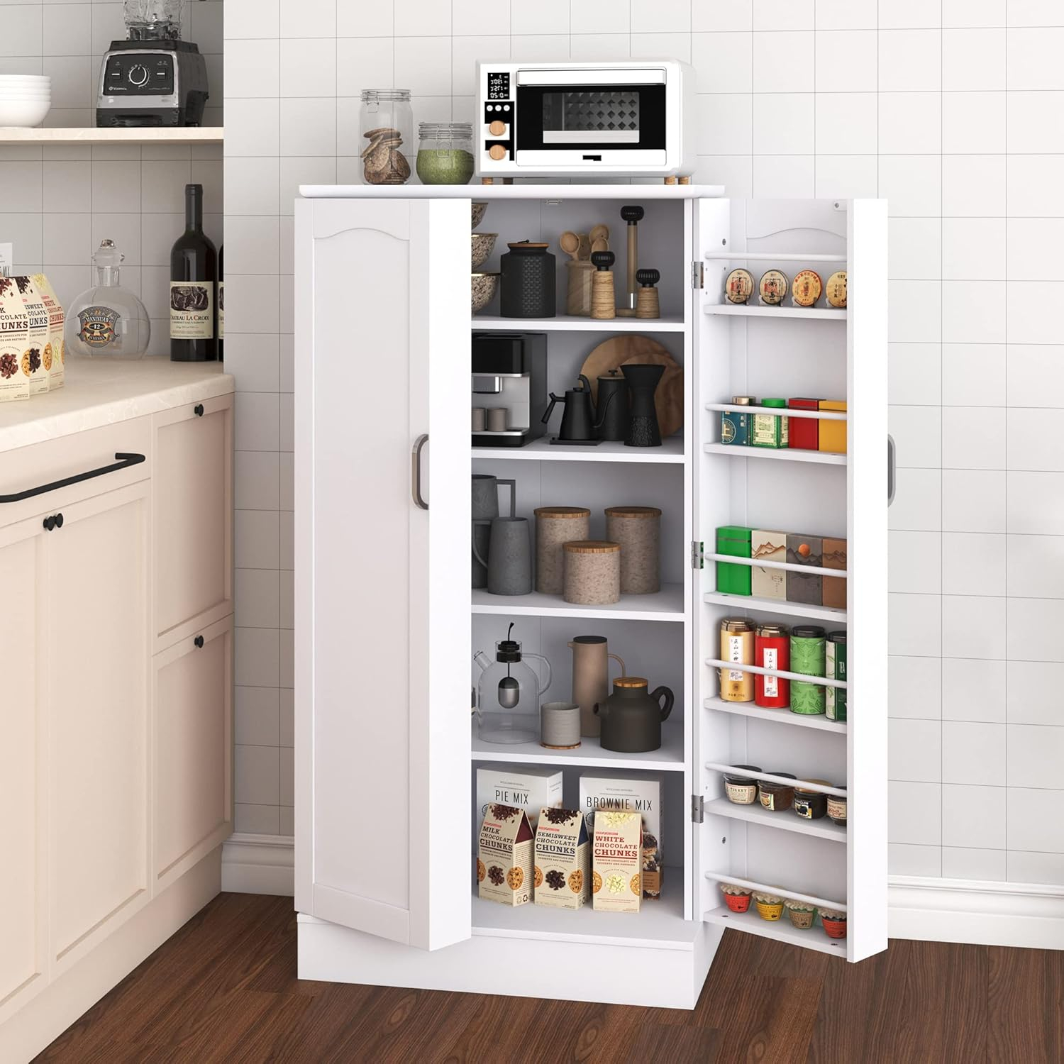 47” Pantry Storage Cabinet, Freestanding Kitchen Pantry Cabinet with Drawer and Adjustable Shelves, White Kitchen Pantry Storage Cabinet, Buffet Cupboards Sideboard for Home Office Use