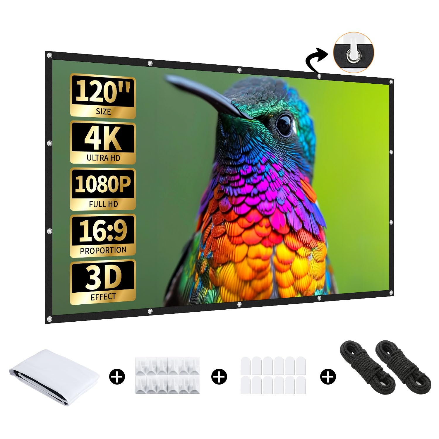 Aurzen 120-inch Portable Projector Screen, 4K HD 16:9, Wrinkle-Free and Foldable for Indoor and Outdoor, Home Theater and Backyard, Double-Sided Projection