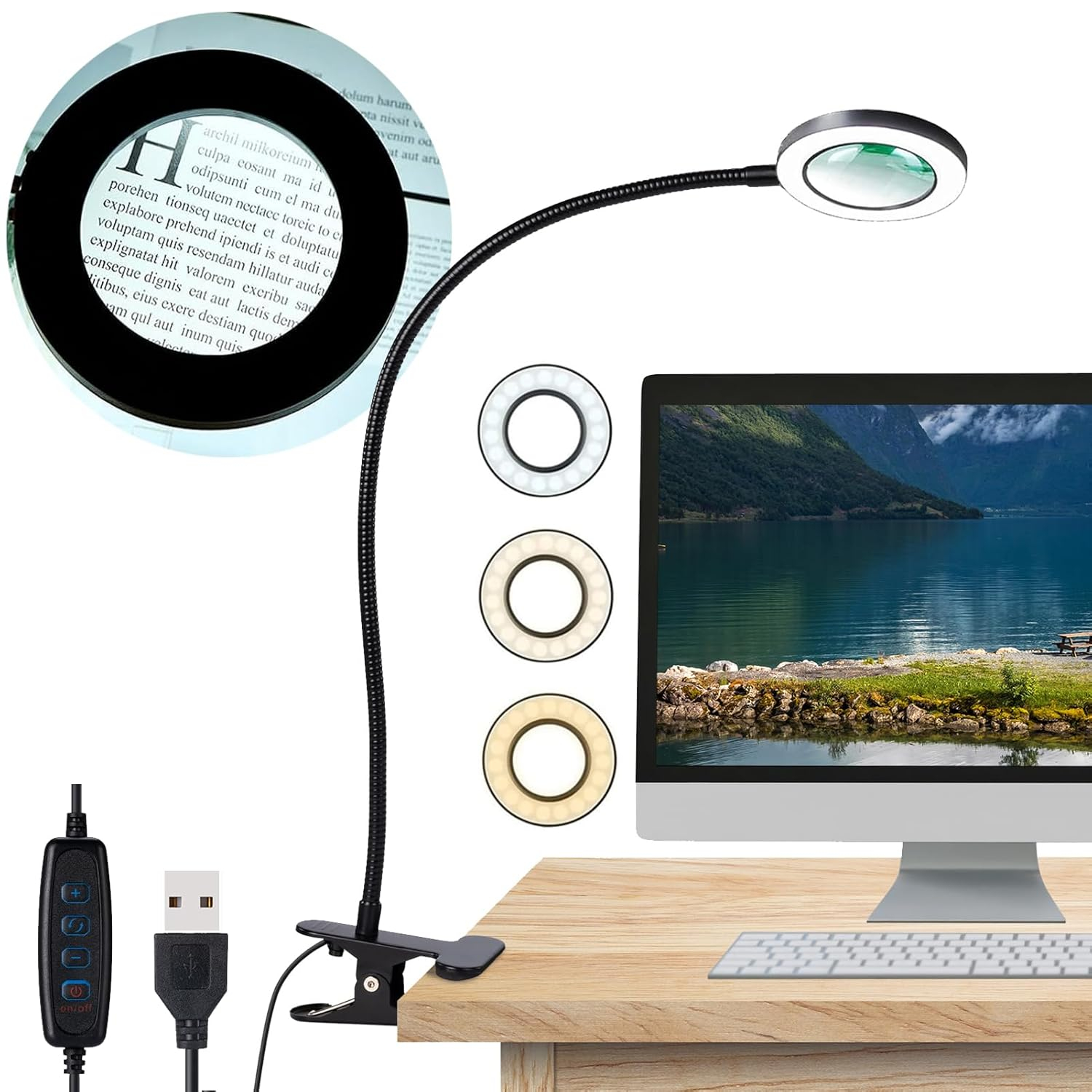 Desk Magnifying Glass with Light 10x, Magnifer with 3 Light Color, 10 Adjustable Brightness, Flexible Gooseneck, Magnifying Lamp with Clamp for Craft, Diamond Painting, Soldering, Elderly