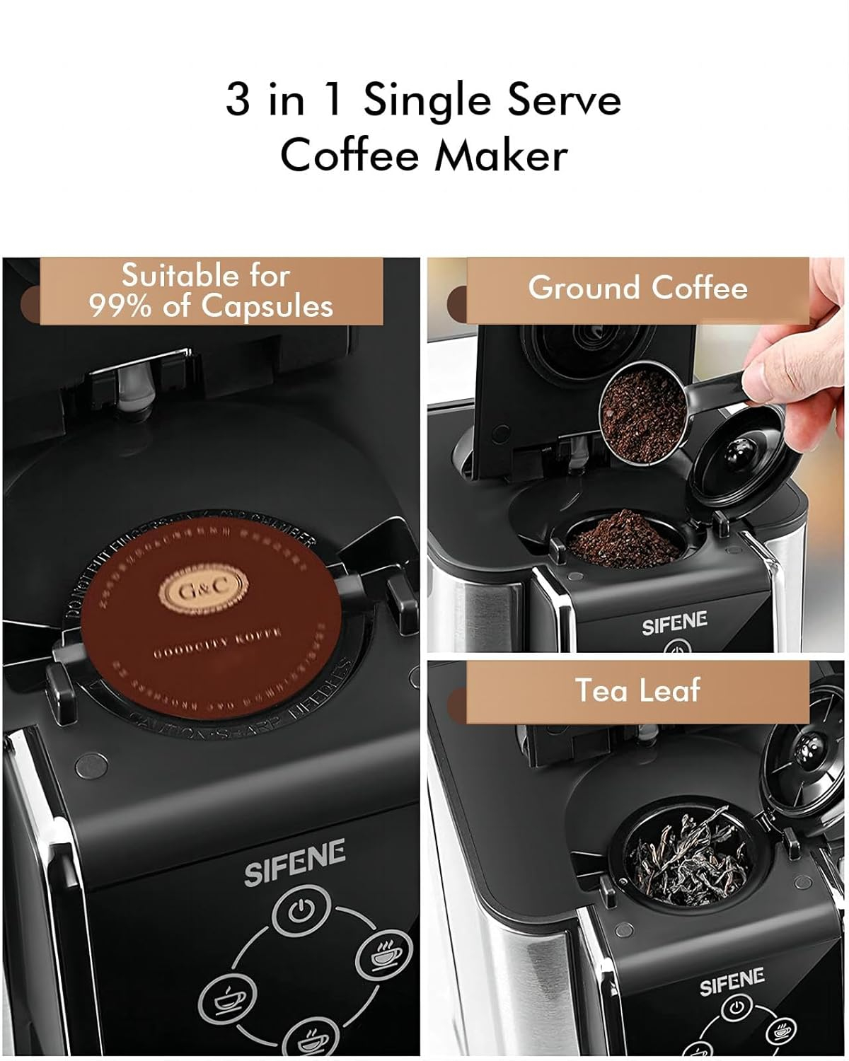 SIFENE Single Serve Coffee Maker, 3-in-1 Quick Brew for Coffee Pods, Ground Coffee, & Loose Tea, 6-12oz Cup Sizes, 50oz Removable Water Tank, 1150W, Compact, Black