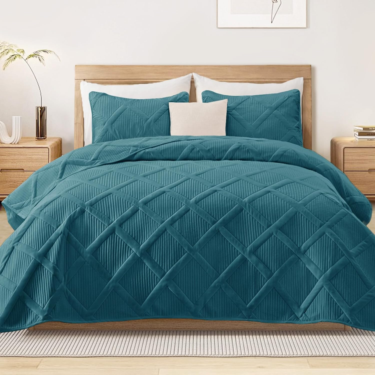 Exclusivo Mezcla Ultrasonic King Quilt Set, 3-Piece Lightweight Bedspreads Modern Striped Coverlet, Teal