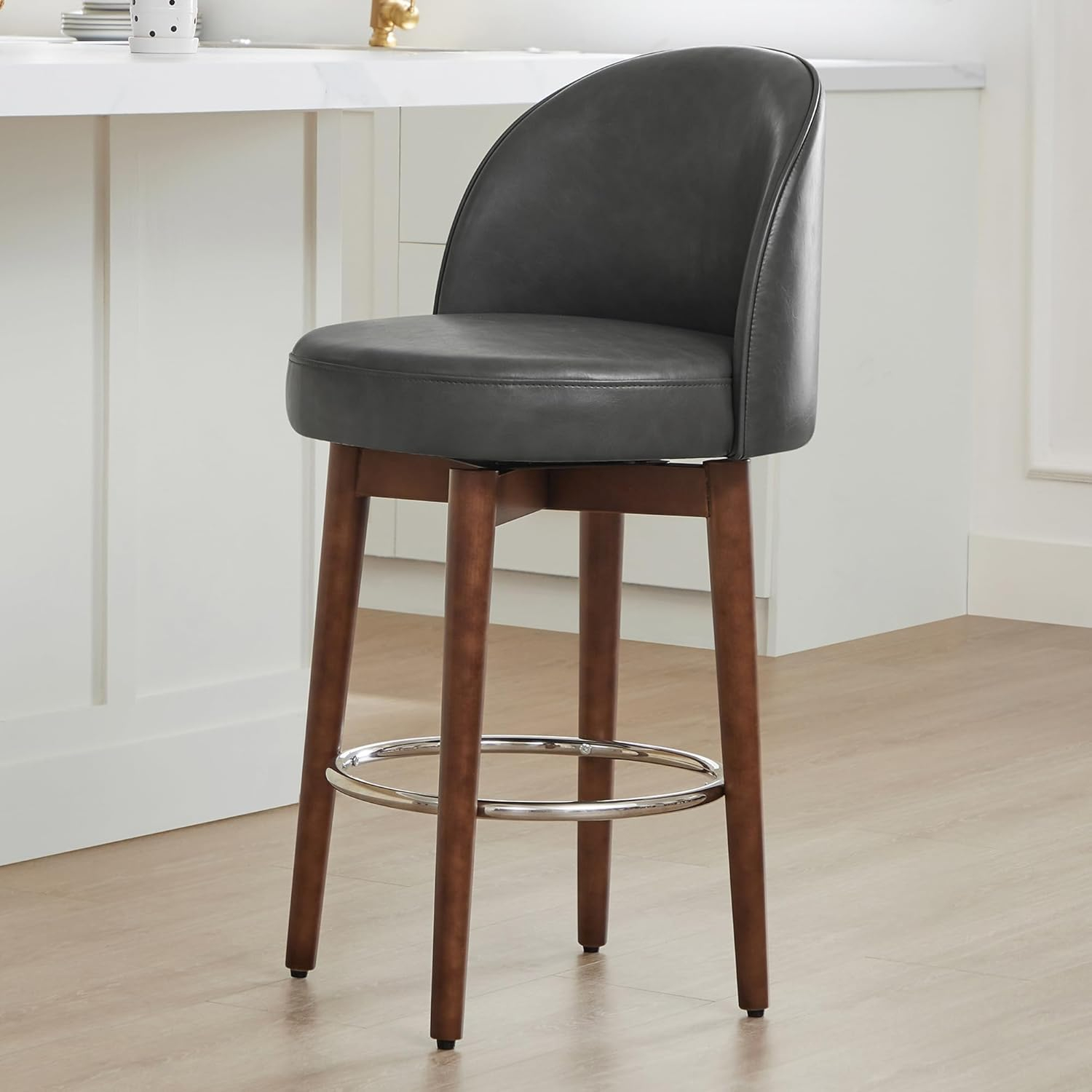 CHITA Counter Height Bar Stools Set of 2,Swivel Barstools for Kitchen Island,26.4" H Seat Height,Faux Leather,Retro Grey
