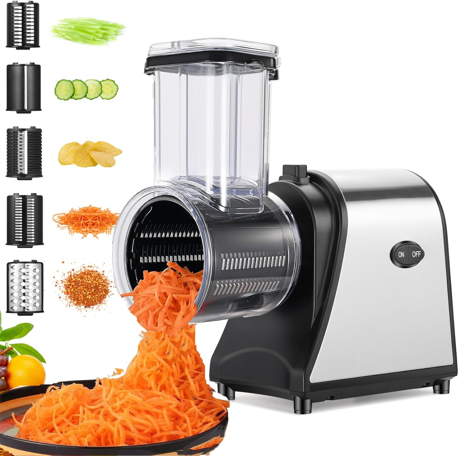 Jahy2Tech 5-in-1 Electric Cheese Grater 250W Salad Maker Slicer/Shredder One-Touch Control Powerful Electric Grater for Fruits and Vegetables, Cheese