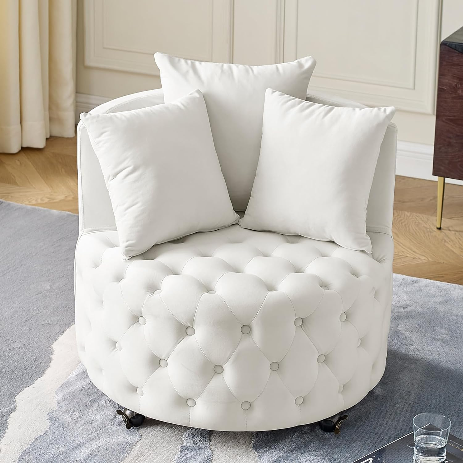 Swivel Barrel Accent Chair, 30in Modern Velvet Round Sofa Chair with 3 Pillows and Wheels, Comfy Tufted Club Lounge Chair for Living Room, Bedroom(Beige)