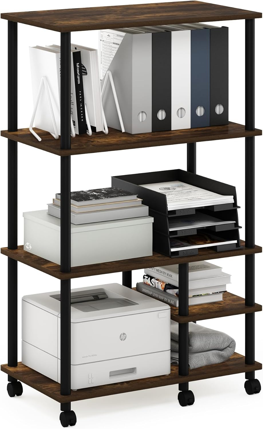 Furinno Turn-N-Tube 4-Tier Toolless Multipurpose Printer Stand Display Storage Shelf with Wheels, Amber Pine/Black