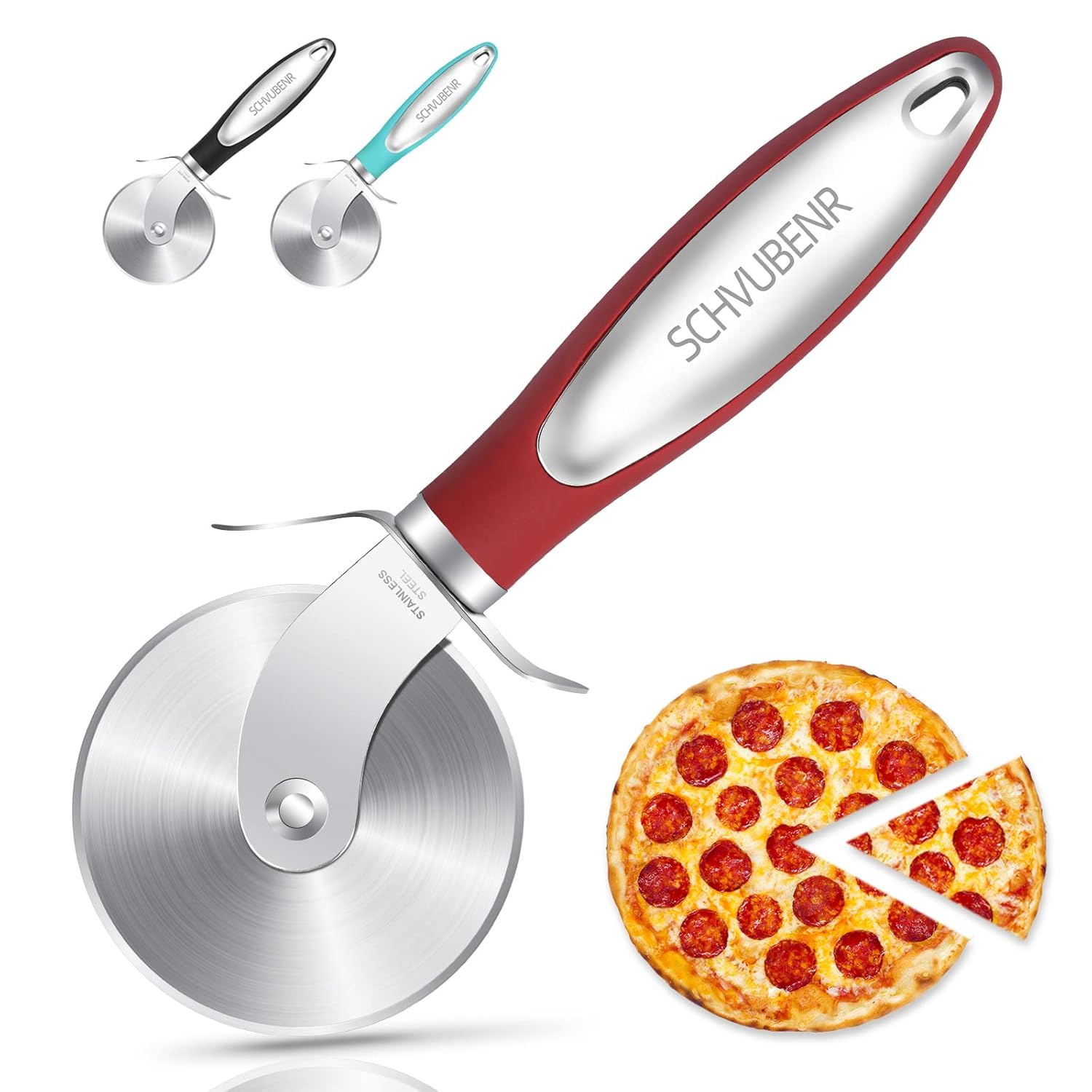 SCHVUBENR Premium Pizza Cutter Wheel - Ultra Sharp Stainless Steel Pizza Slicer with Non-Slip Soft Grip Handle - Multi-Purpose Cutter for Pizza, Dough & Pastry - Dishwasher Safe, Easy to Clean - Red