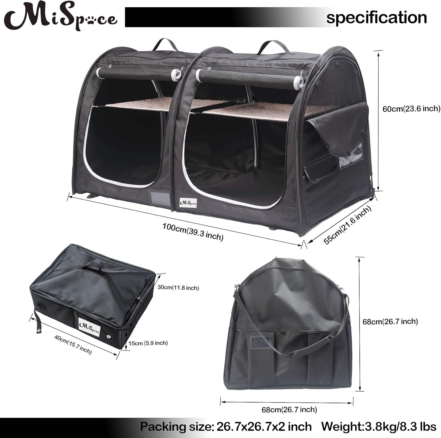 Mispace Portable Twin Compartment Show House Cat Cage Condo,Comfy Puppy Home Dog Travel Crate with Carry Bag/2 Hammocks/Mats & Collapsible Litter Box