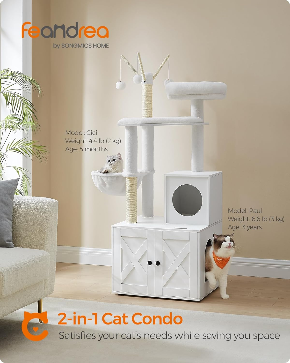 Feandrea Cat Tree with Litter Box Enclosure, 2-in-1 Modern Cat Tower, 55.1-Inch Cat Condo with Scratching Posts, Removable Pompom Sticks, Greige UPCT113G01