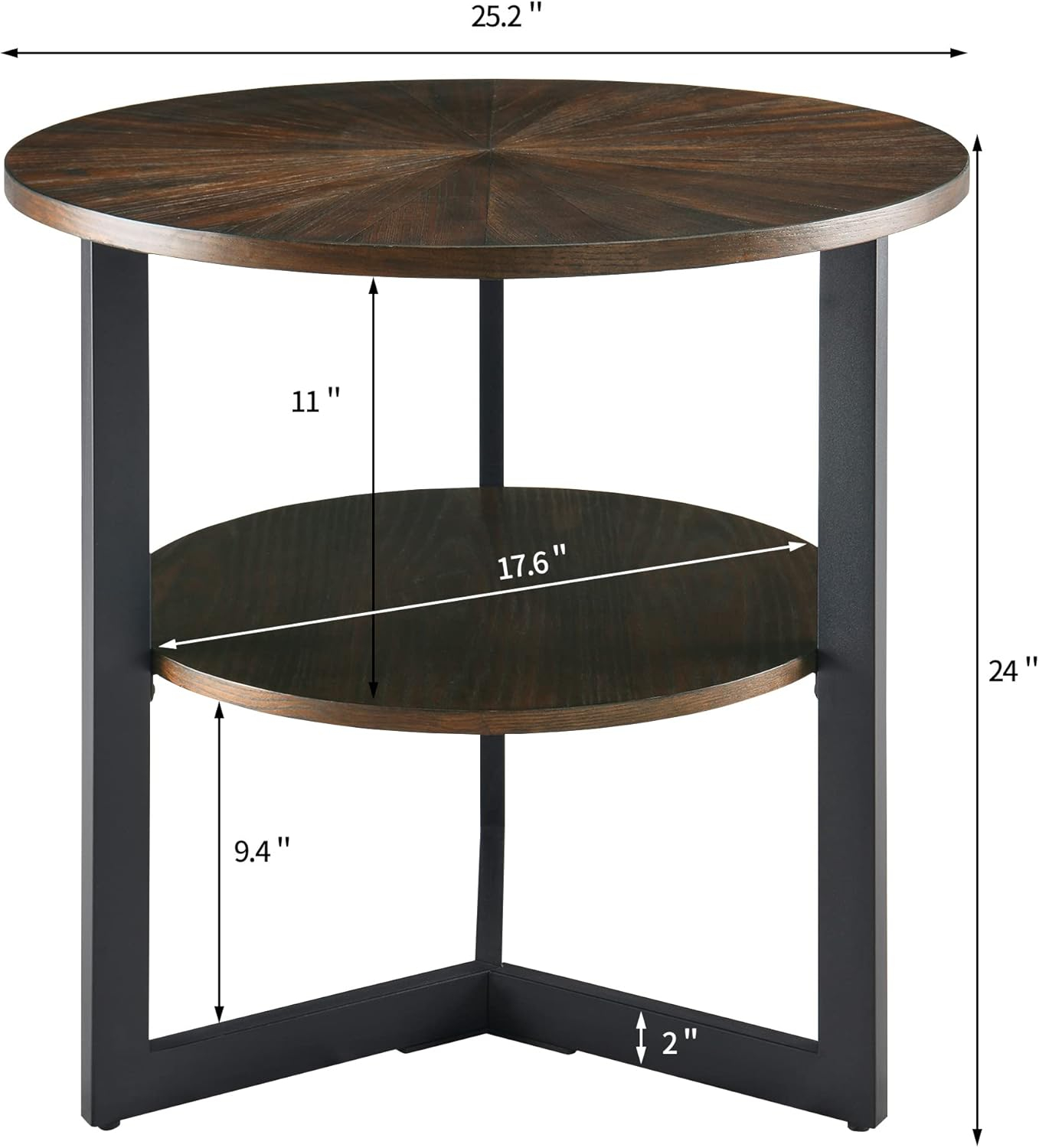 MODERION Large End Table with Storage Shelf Rustic Circular Sofa Side Table with Black Metal Legs Solid Wood Nightstand Telephone Table for Living Room Bedroom 25.2”D x 24”H Natural Brown CJZ1338NC