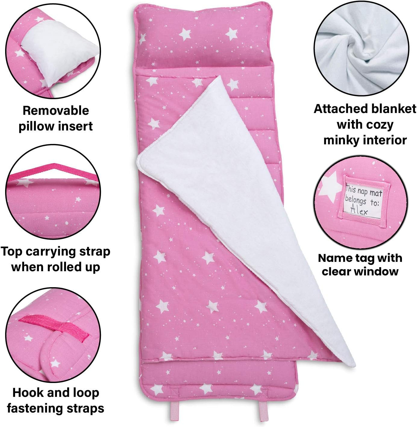 Delta Children Nap Mat for Toddlers and Kids | Pillow and Blanket | Rollup Design | Preschool & Daycare, Blushing Stars