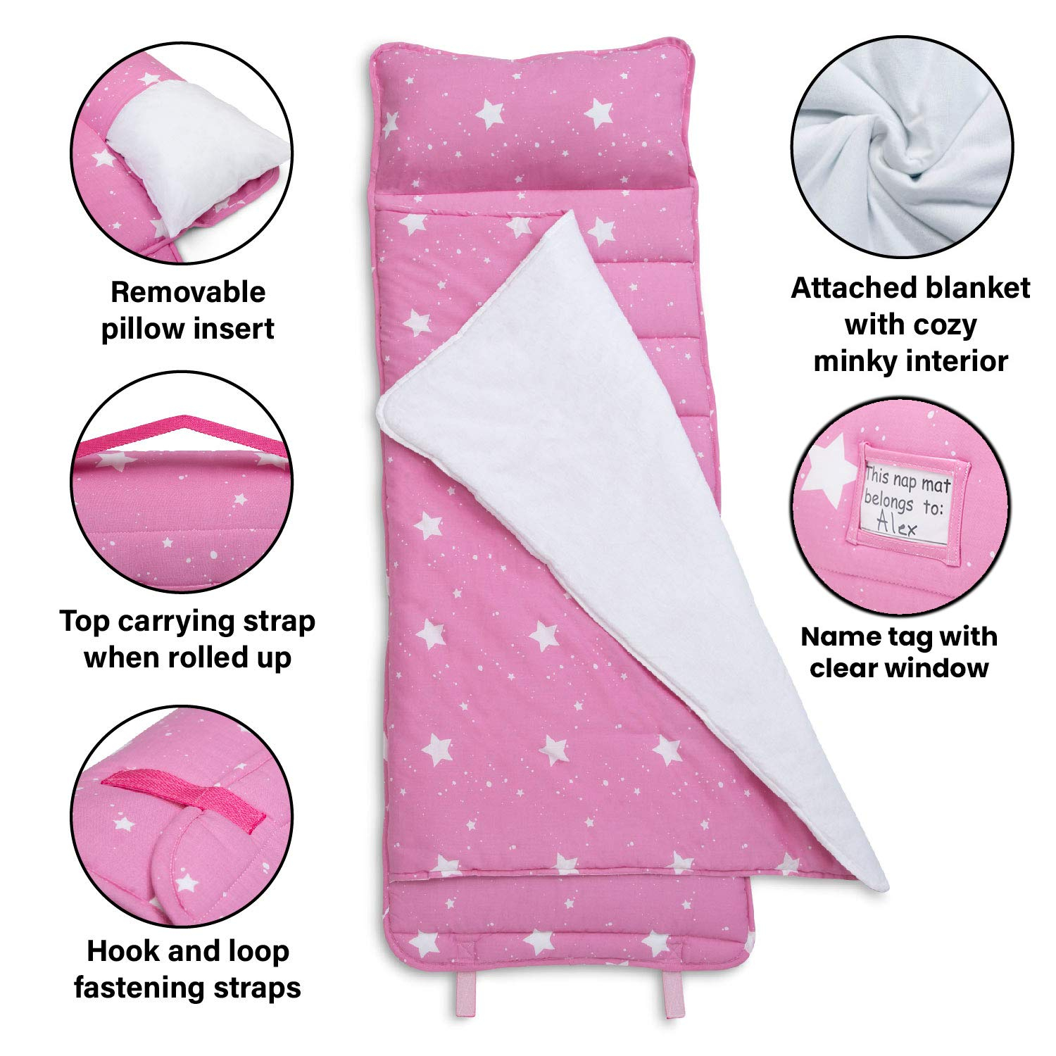 Delta Children Nap Mat for Toddlers and Kids | Pillow and Blanket | Rollup Design | Preschool & Daycare, Blushing Stars