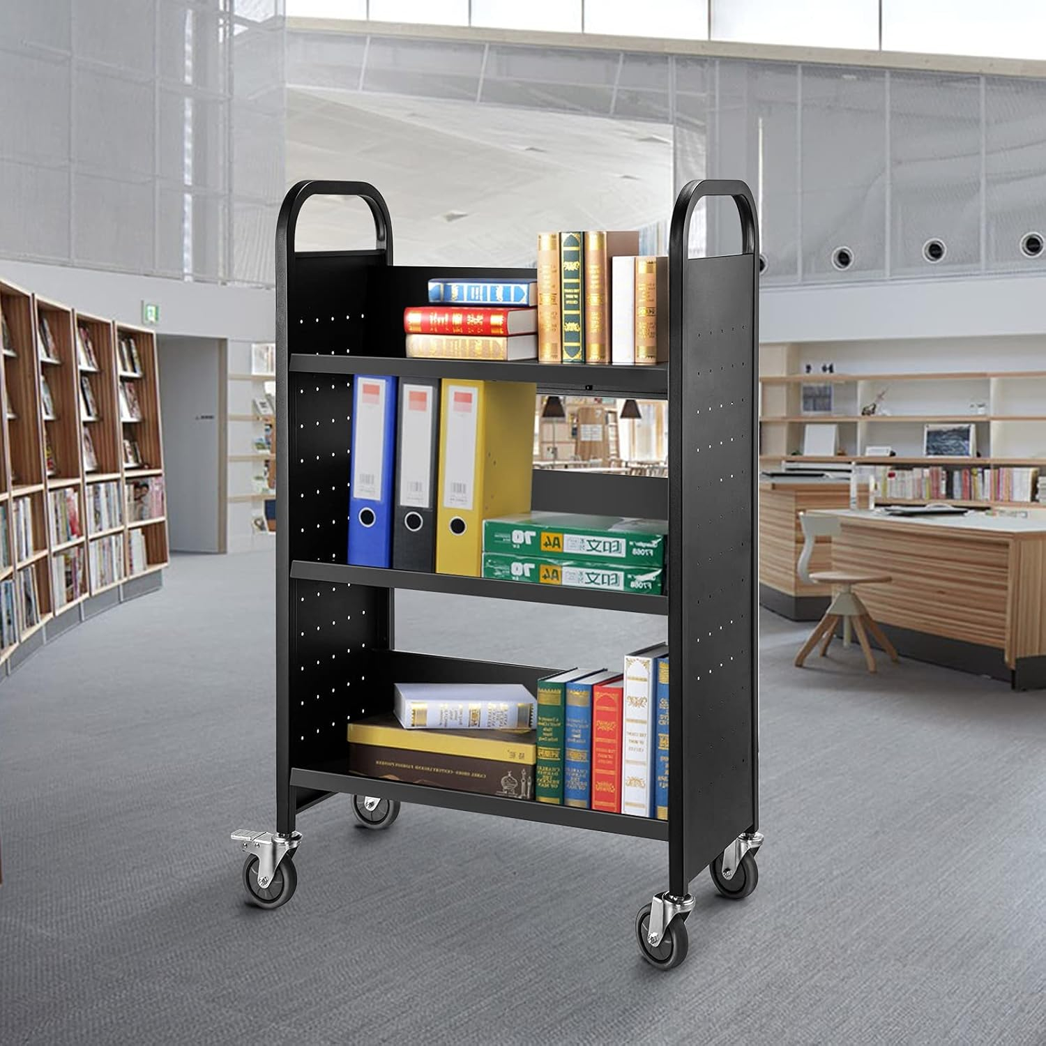 VEVOR Book Cart, 200lbs Library Cart, 30x14x49 Inch Rolling Book Cart Single Sided V-Shaped Sloped Shelves with 4 Inch Lockable Wheels, for Home Shelves Office and School Book Truck in Black