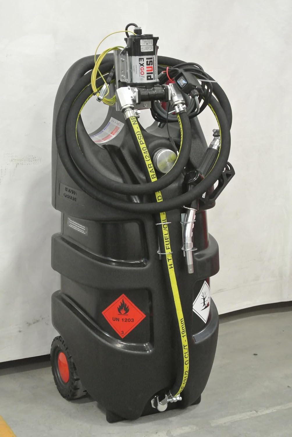 AM-TANK Portable 29 gal Gas Fuel Tank Caddy with 12V Ex-Proof pump, Fuel Storage Can On-Wheels for Cars, Lawn Mowers, ATVs, Boats, 10ft antistatic hose, UL Automatic Nozzle