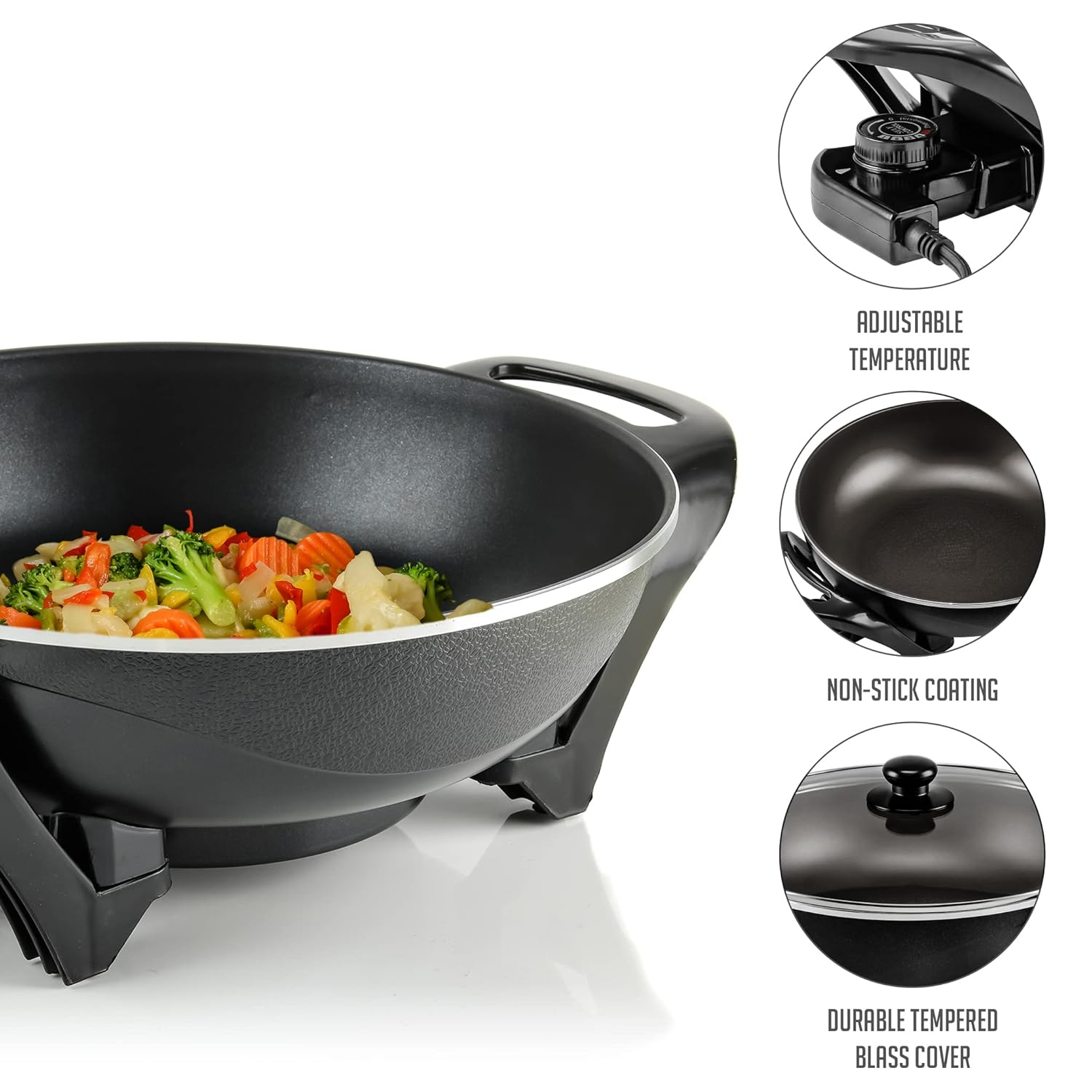 OVENTE Electric Wok with Nonstick Coating, 13 Inch Family-Sized Skillet, 1400W Power, Adjustable Temperature, Tempered Glass Lid, Cool Touch Handles and Easy to Clean Frying Surface, Black SK3113B