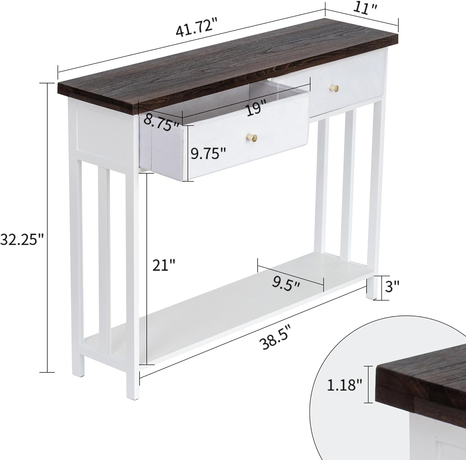 Console Table with 2 Fabric Drawers, 42" Solid Wood Entryway Table with Shelves, Storage Sofa Table for Entryway, Hallway, Living Room, Kitchen or Behind Couch in Foyer, White
