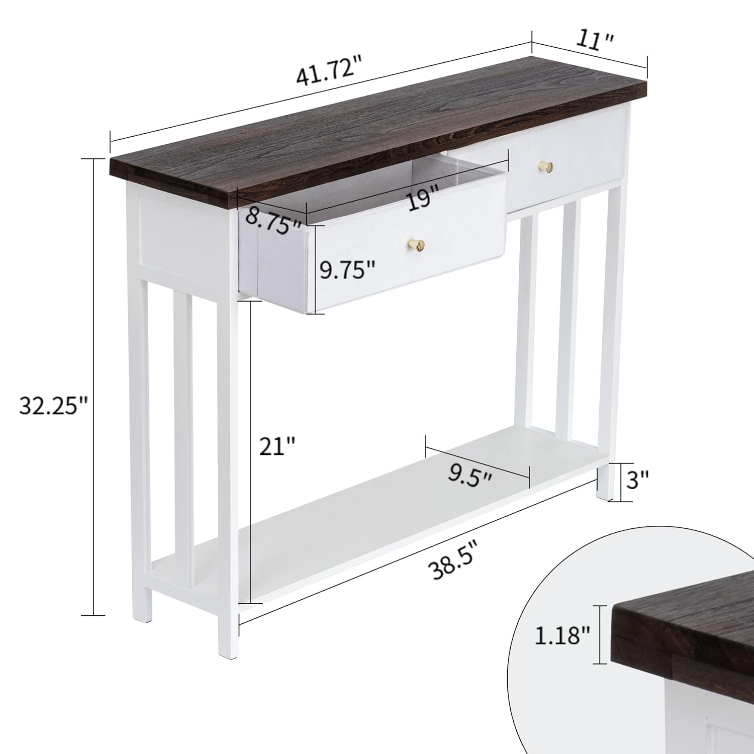 Console Table with 2 Fabric Drawers, 42" Solid Wood Entryway Table with Shelves, Storage Sofa Table for Entryway, Hallway, Living Room, Kitchen or Behind Couch in Foyer, White