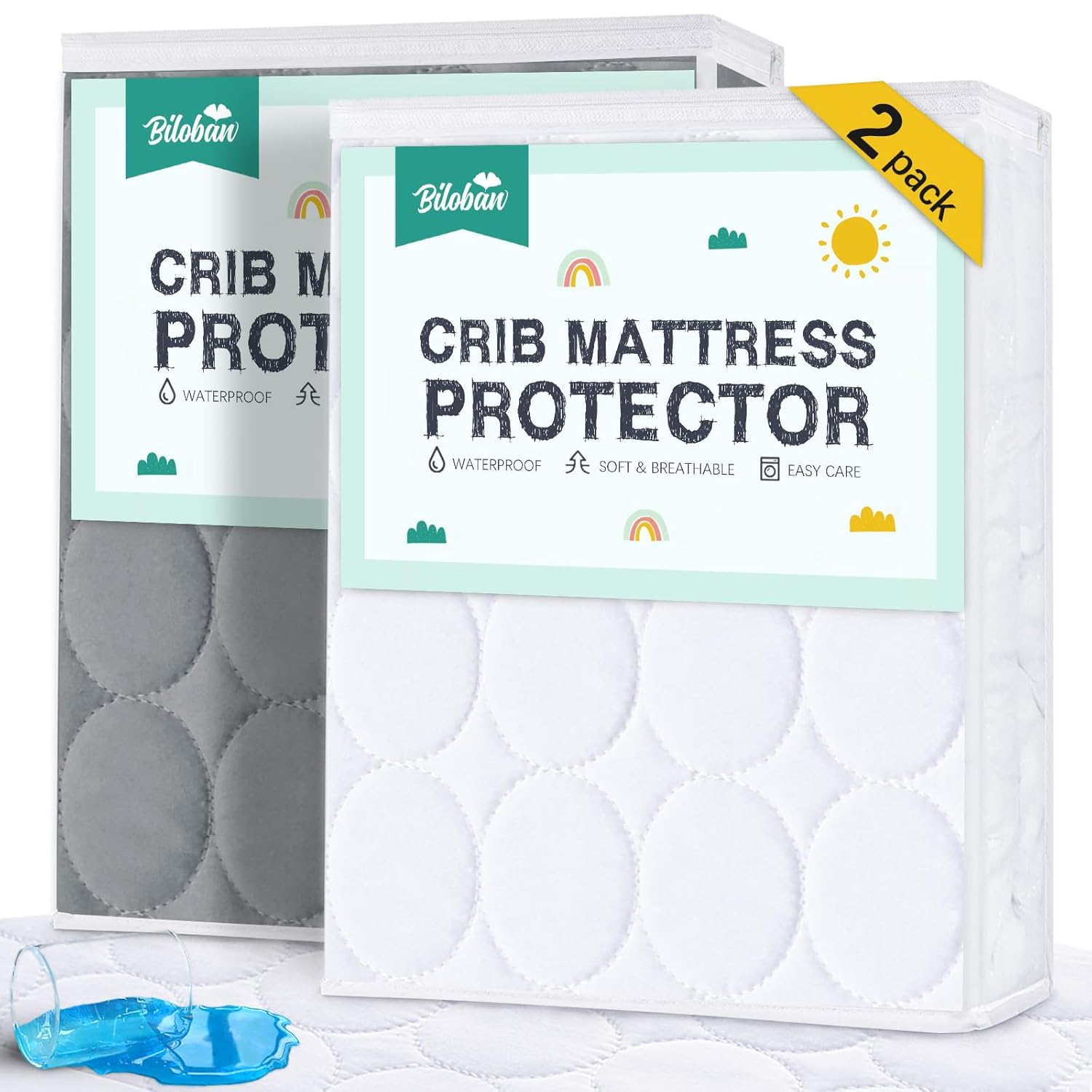 Biloban Waterproof Crib Mattress Protector 2 Pack, Fitted Crib Mattress Cover Sheets, Toddler Mattress Protector Fit Baby Toddler Bed Mattress Pad (Standard Size 52" x 28")
