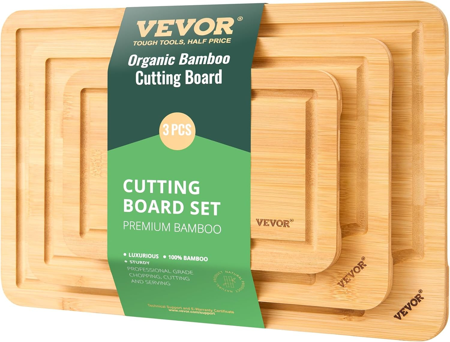 VEVOR Cutting Board 3 Pieces, Premium Versatile Bamboo Cutting Board, Food-Grade Oil and Juice Groove,Sturdy Durable Chopping Board, Built-in Handle, Wooden Cutting Board for Display Chopping Serving