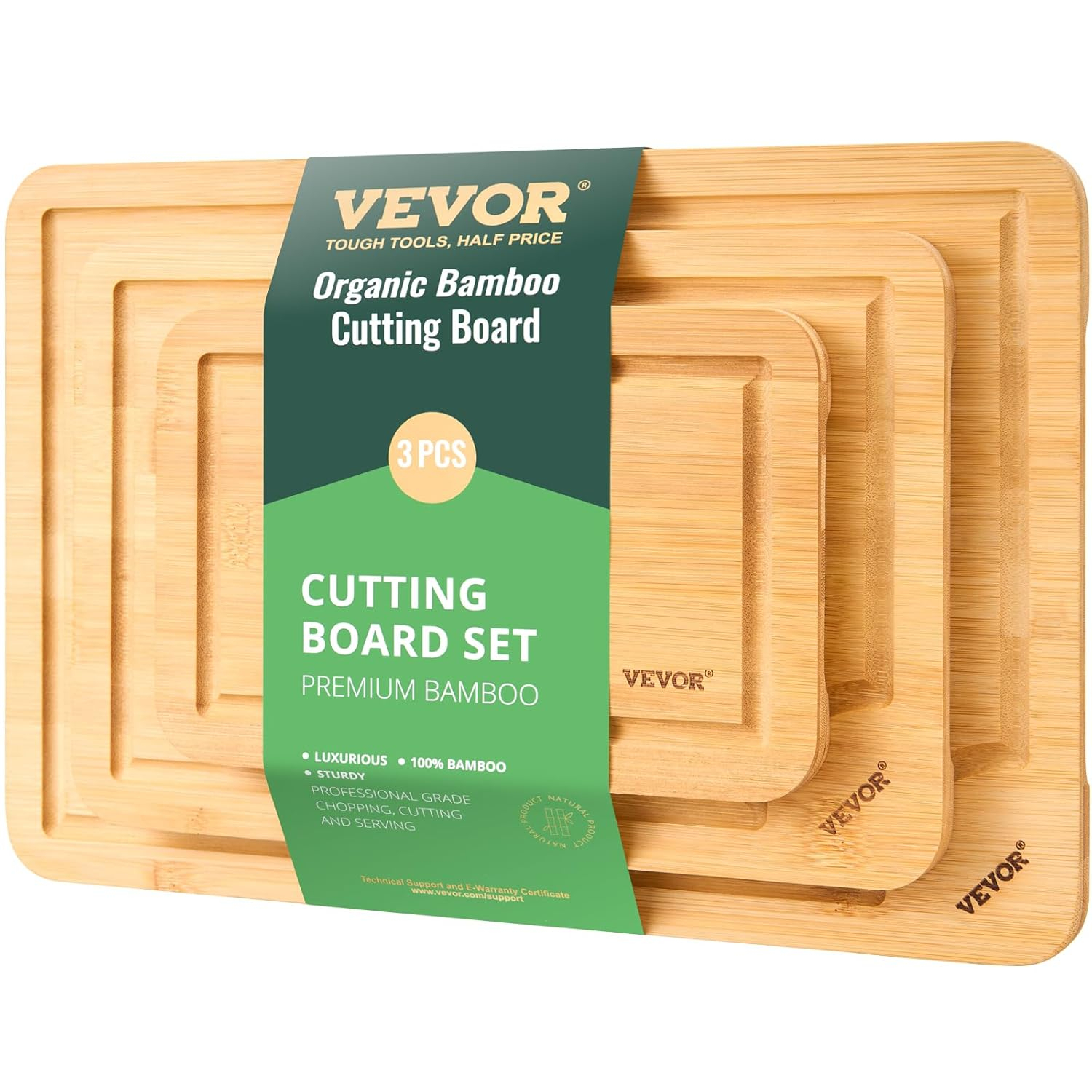 VEVOR Cutting Board 3 Pieces, Premium Versatile Bamboo Cutting Board, Food-Grade Oil and Juice Groove,Sturdy Durable Chopping Board, Built-in Handle, Wooden Cutting Board for Display Chopping Serving