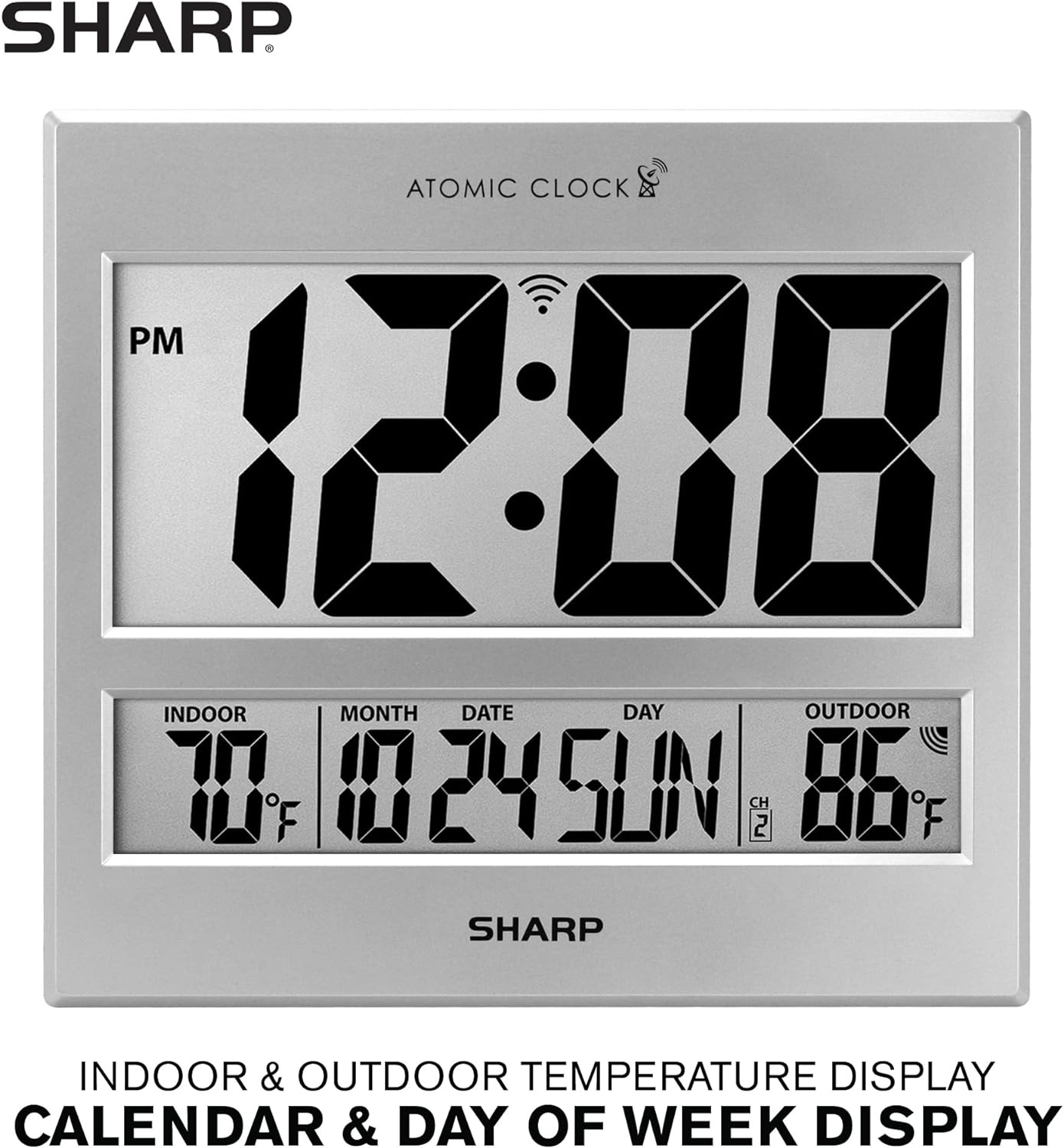 Sharp Atomic Clock - Jumbo 3" Easy to Read Numbers - Never Needs Setting!  - Indoor/ Outdoor Temperature Display with Wireless Outdoor Sensor - Silver