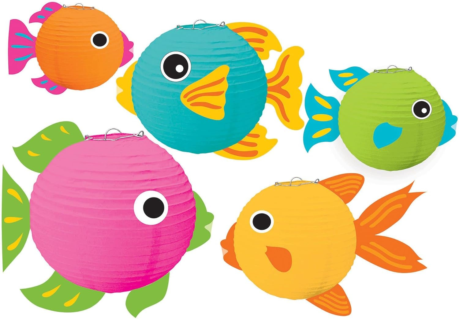 Amscan Summer Luau Fish Lanterns, 5-3/4"H x 7-3/4"W x 9-1/2"D, Multicolor, Pack Of 5 Lanterns
