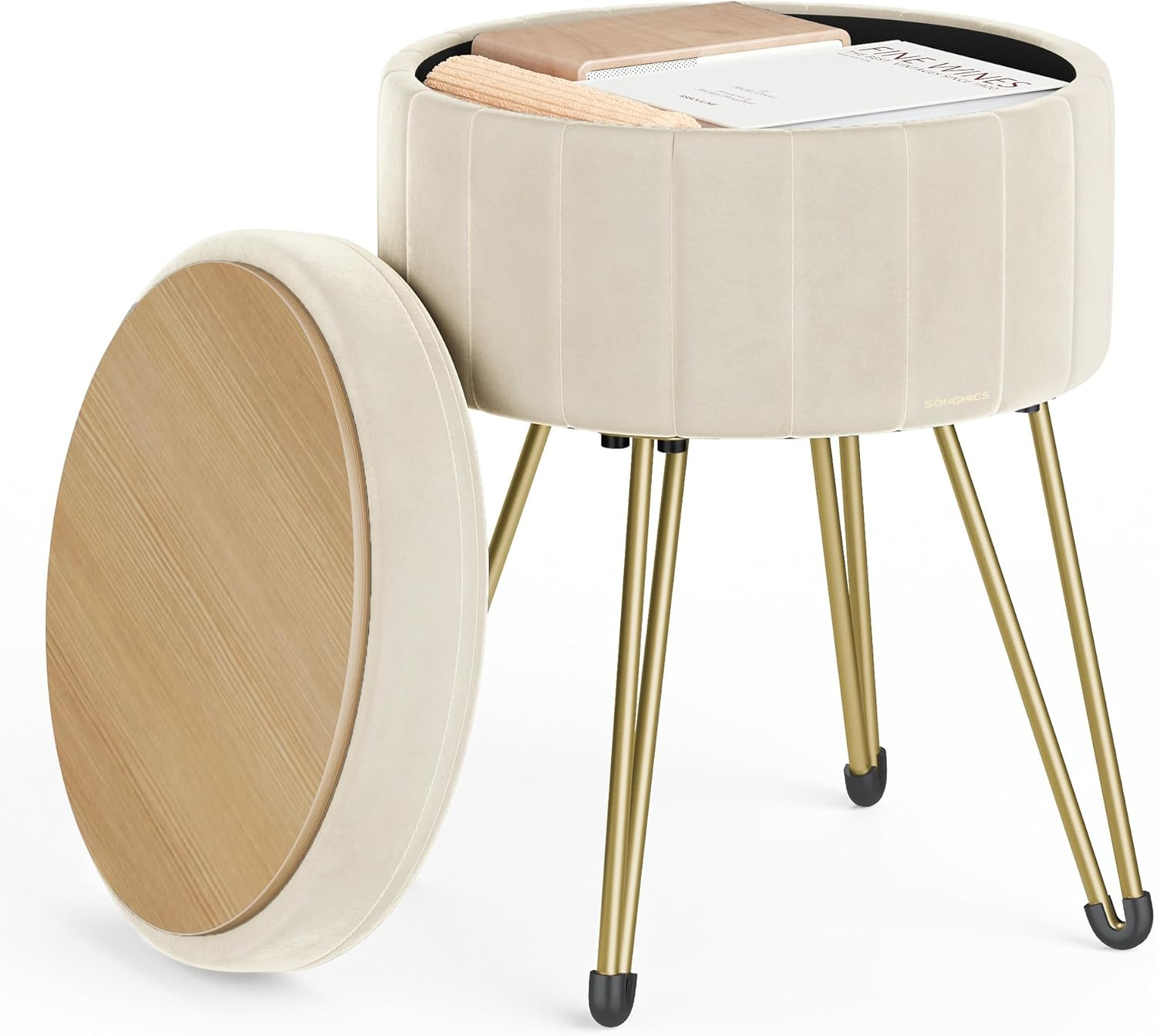SONGMICS Vanity Stool Chair, Small Ottoman Stool with Storage, Vanity Chair, 15.4 Dia. x 17.4 Inches, 4 Metal Legs, for Makeup Room, for Living Room, Bedroom, Cream White ULOM002W01