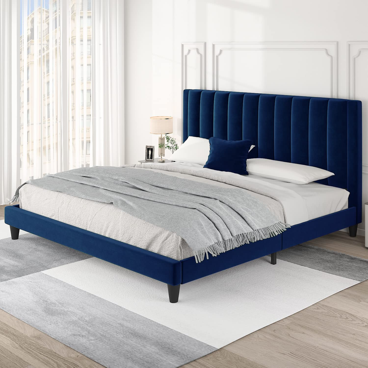 BizChair King Upholstered Platform Bed with Vertical Stitched Wingback Headboard, Slatted Mattress Foundation, No Box Spring Needed, Navy Velvet