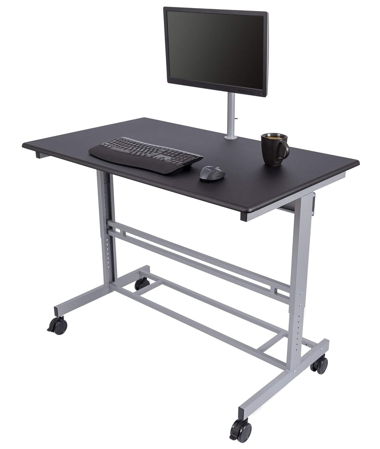 Stand Up Desk Store Rolling Adjustable Height Mobile Standing Desk with Monitor Mount (Silver Frame/Matte Black Top, 48" Wide)