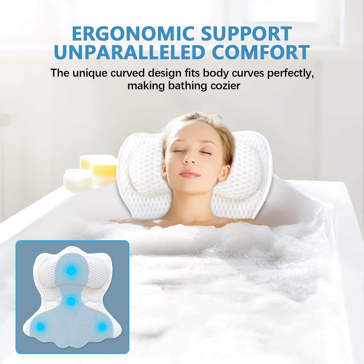 REEZEIVI Bath Pillows for Tub,Bath Pillow with 6 Non-Slip Suction Cups,Soft 4D Mesh Fabric,Bathtub Pillows for Tub Neck and Back Support,Extra Thick Luxury Bathtub Pillows,White