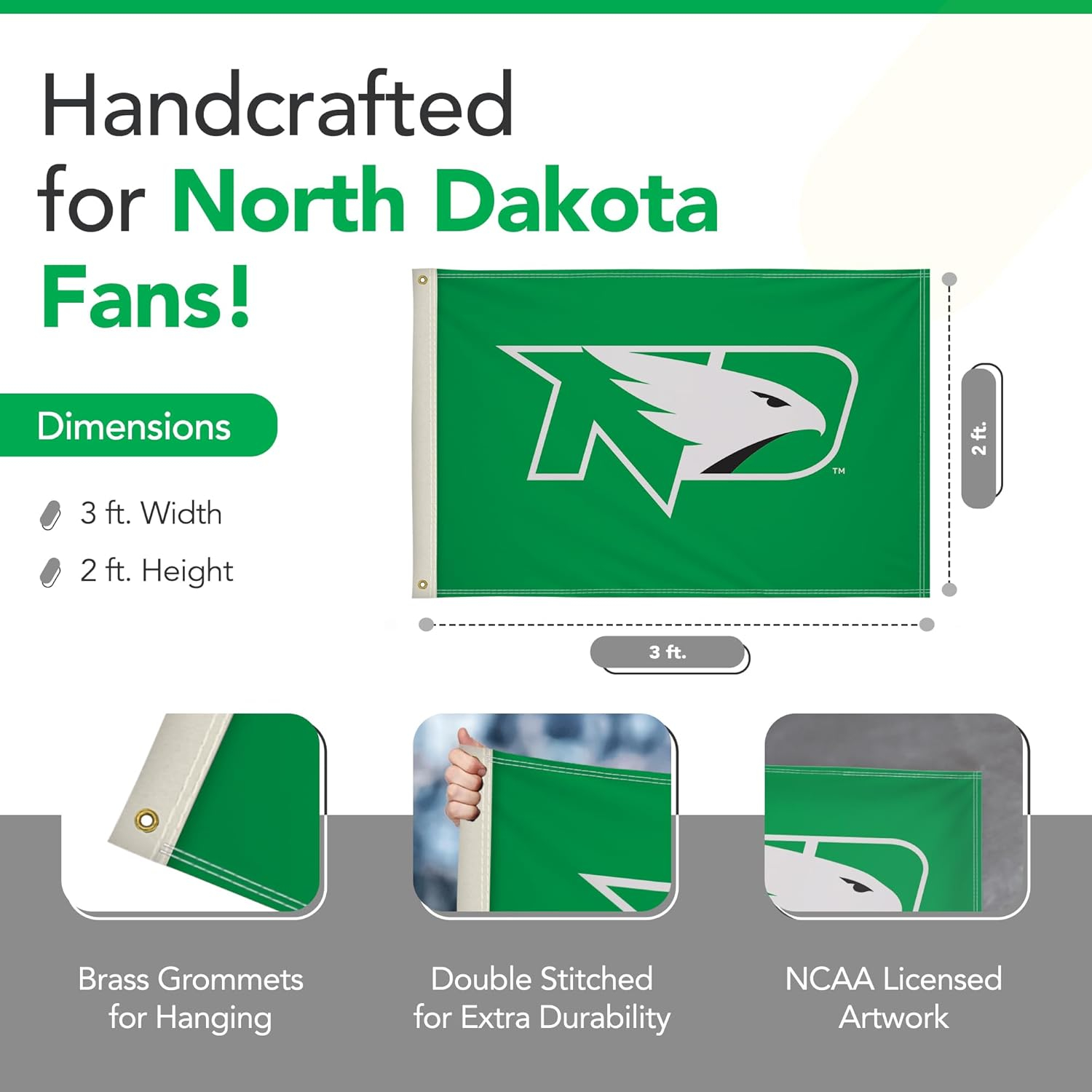 North Dakota Fighting Hawks 2' x 3' College Sports Printed Flag - NCAA Licensed - Nylon - School Banner (Green, White, Black)