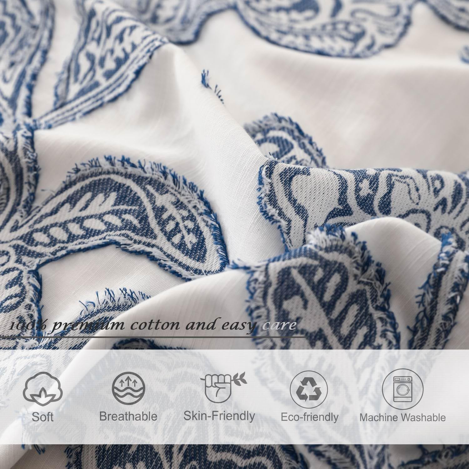 Queen Blue Cotton Jacquard Floral Duvet Cover Set