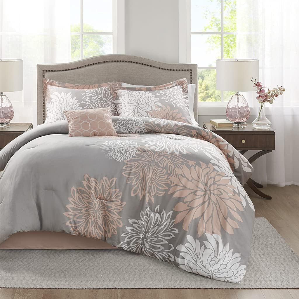 Comfort Spaces King Bedding Comforter Set, Blush Microfiber Comforters King Size Set W/ Bed Skirt, Floral, 5 Pieces