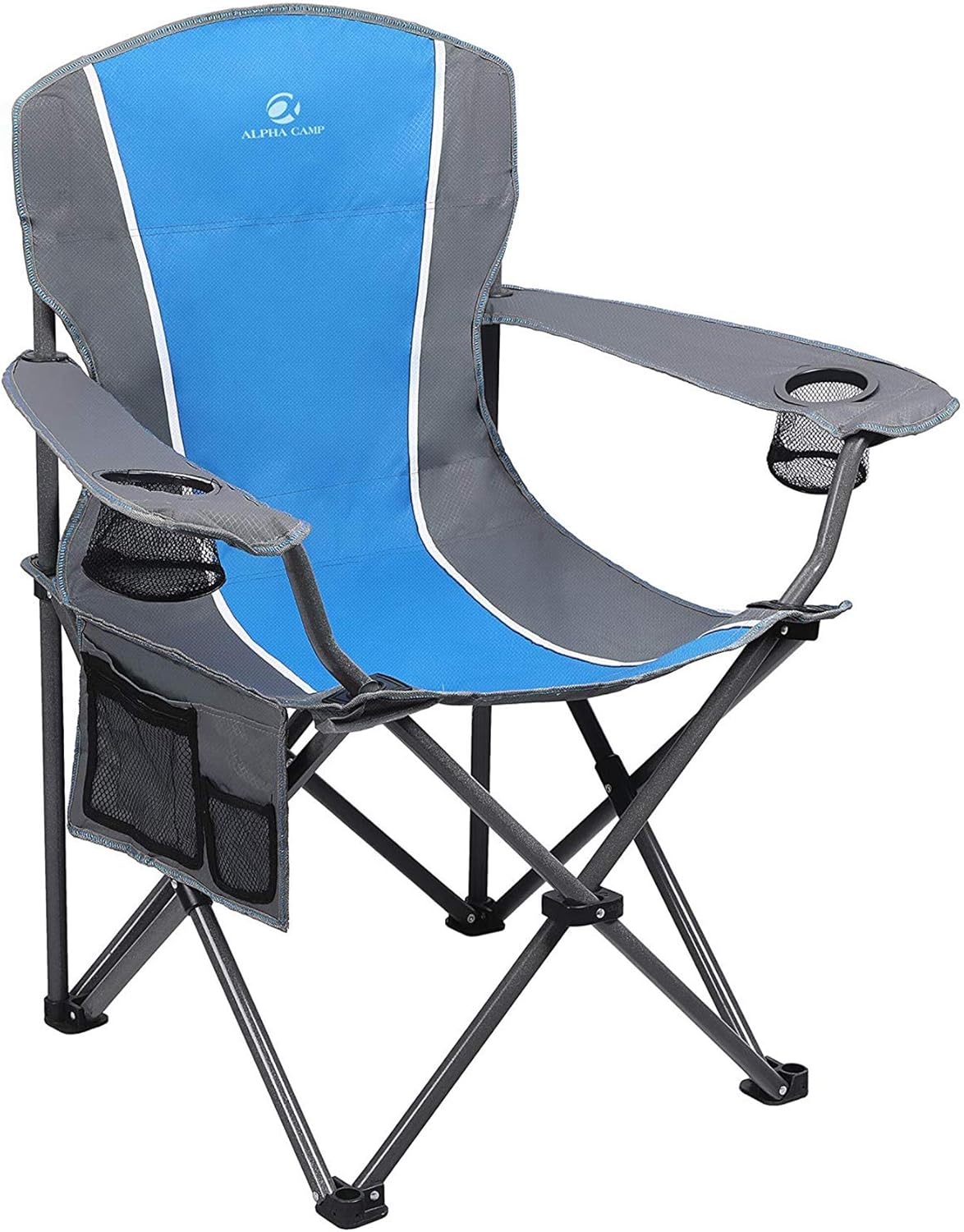 Oversized Camping Folding Chair Padded Arm Chair with Cup Holder Blue Grey