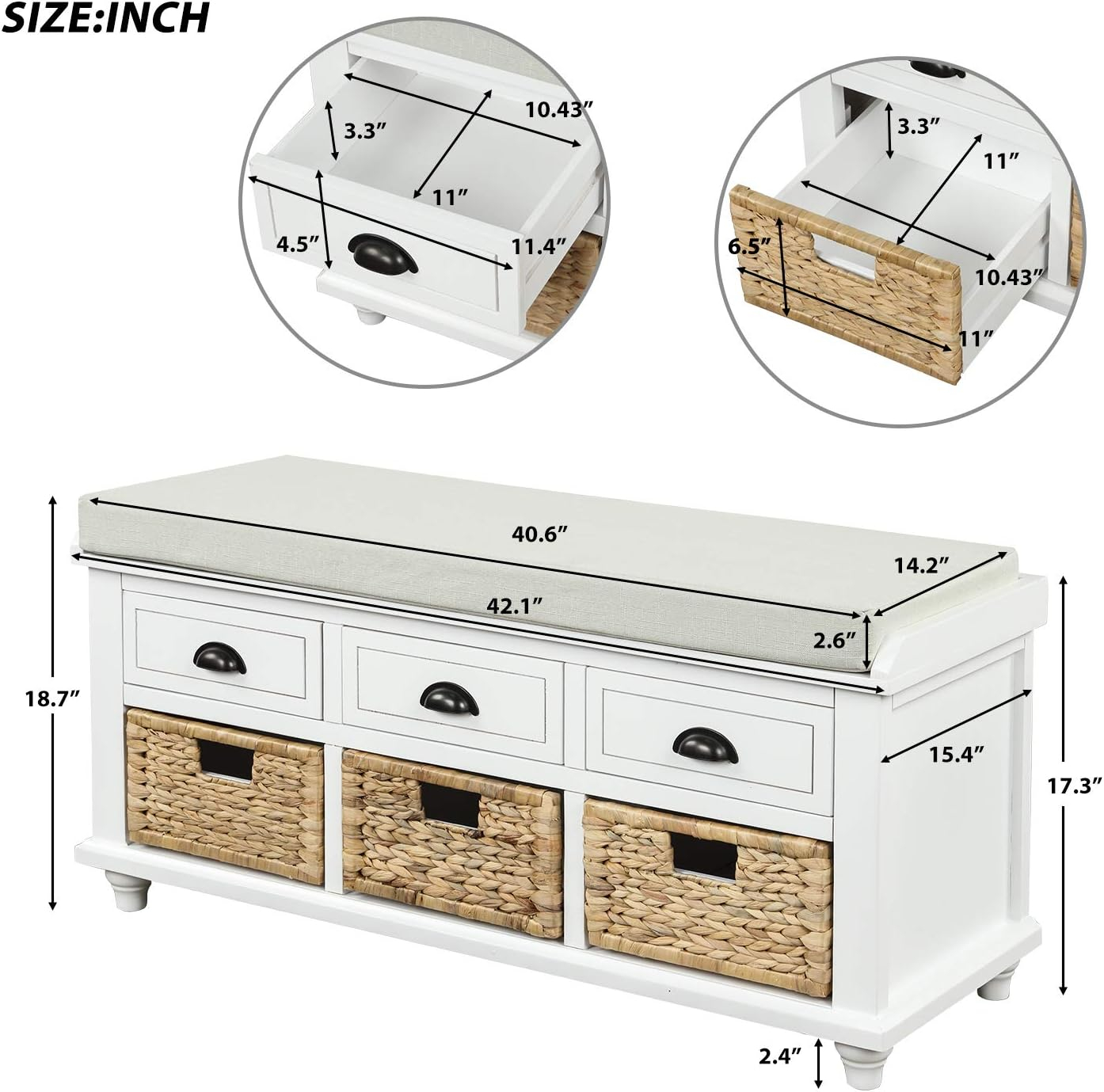Harper & Bright Designs TREXM Rustic Storage Bench with 3 Drawers and 3 Rattan Baskets, Shoe Bench for Living Room, Entryway (White)