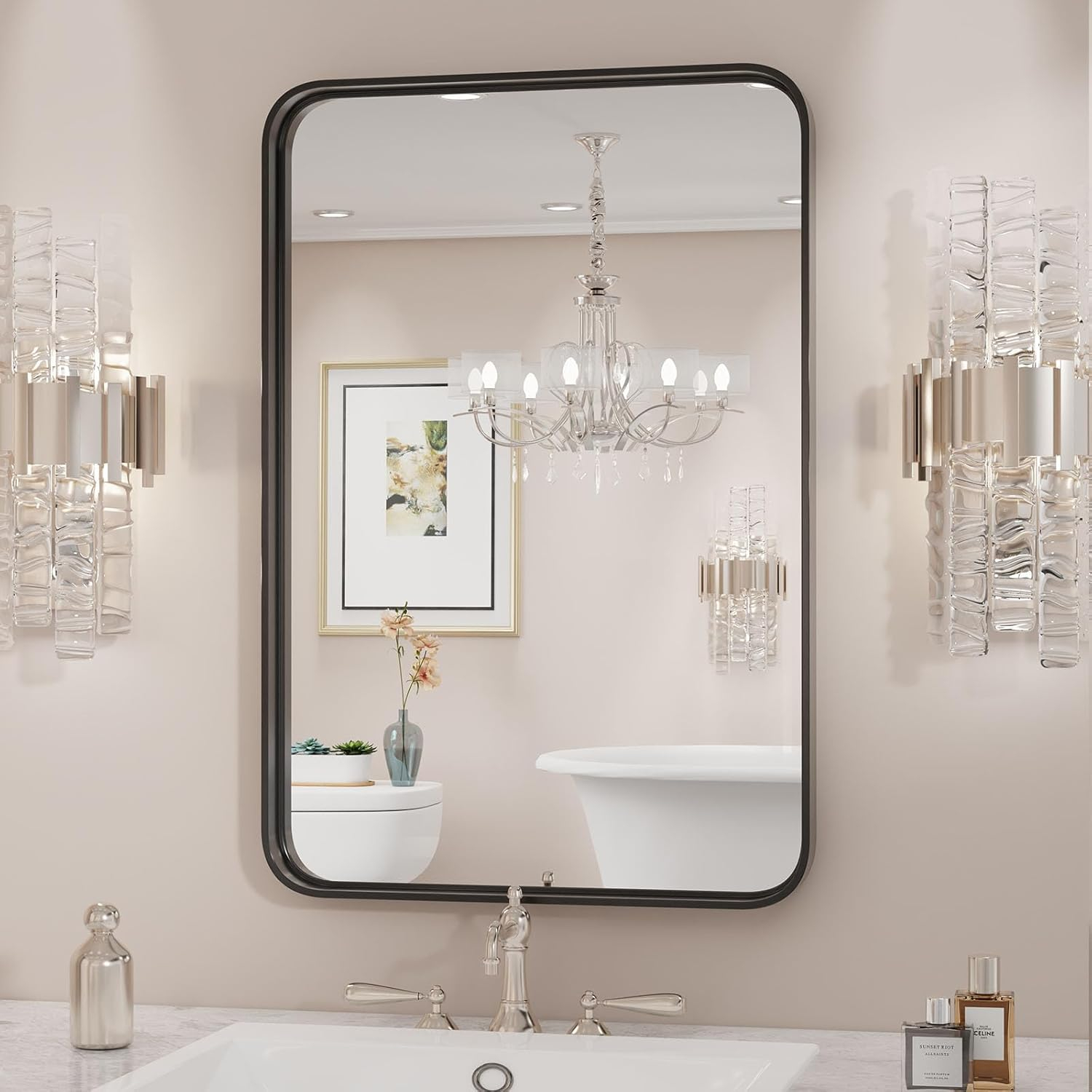 Sweetcrispy Black Bathroom Vanity Mirror for Wall, 24x36 Inch Metal Framed Wall Mirror Farmhouse Rectangle, Anti-Rust, Tempered Glass, Hangs Horizontally or Vertically