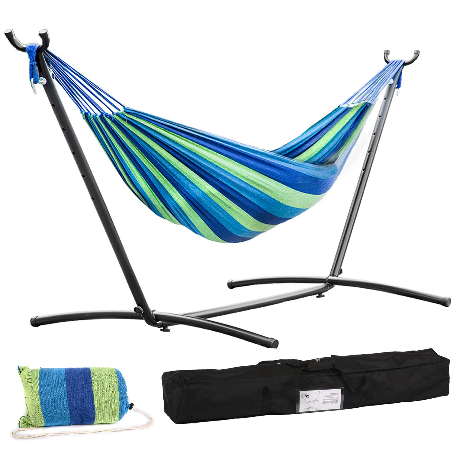 SUNDAN Two Person Hammock Adjustable Hammock Bed with Space Saving Steel Stand Portable Carrying Case Easy Set Up Indoor Hammock Standing Hammock for Outside Hammock Stand Portable