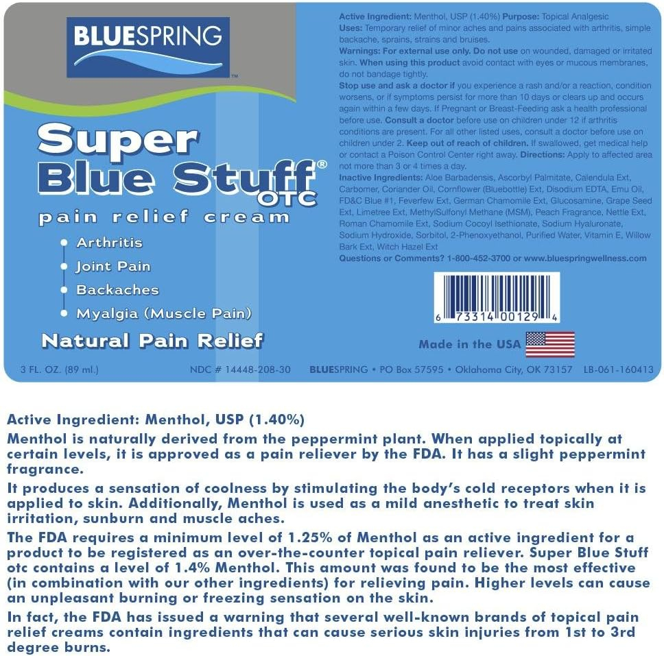 BlueSpring Super Blue Stuff Natural Pain Relief Cream - OTC Fast Action Relief 3-oz roll-on