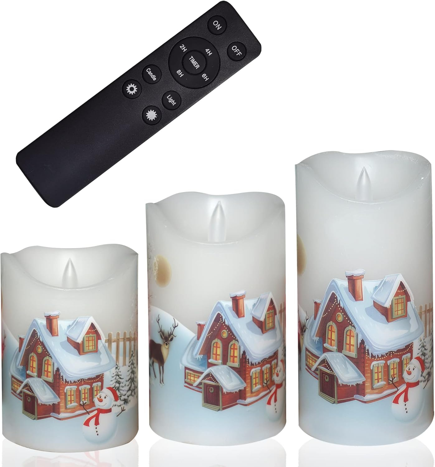 CANDLE CHOICE Christmas Flameless Candles with Remote Timer Real Wax Realistic Flickering Battery Operated Electric LED Pillars with Decals Reindeer Snowman Xmas Tree for Holiday Decorations 3 Pack