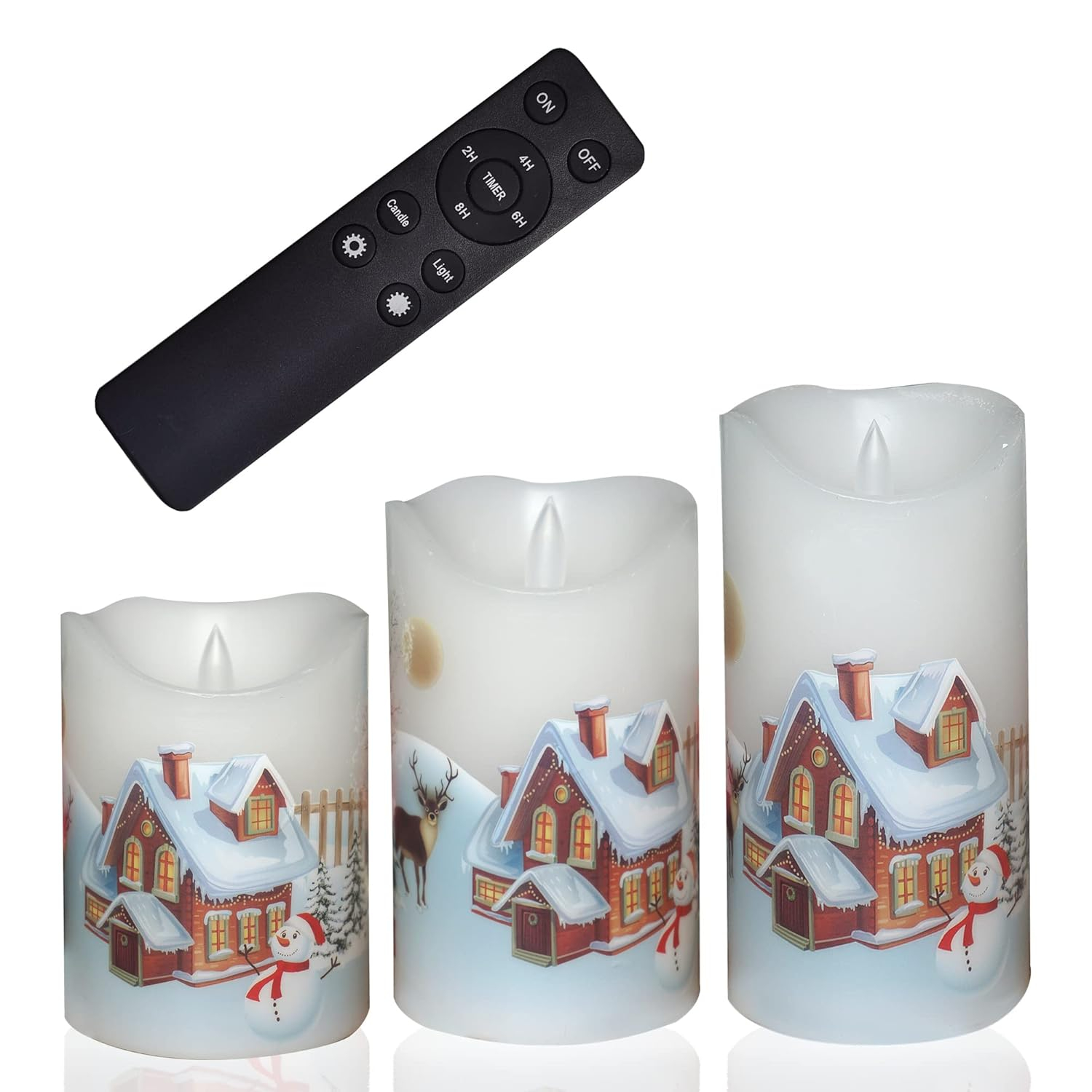 CANDLE CHOICE Christmas Flameless Candles with Remote Timer Real Wax Realistic Flickering Battery Operated Electric LED Pillars with Decals Reindeer Snowman Xmas Tree for Holiday Decorations 3 Pack