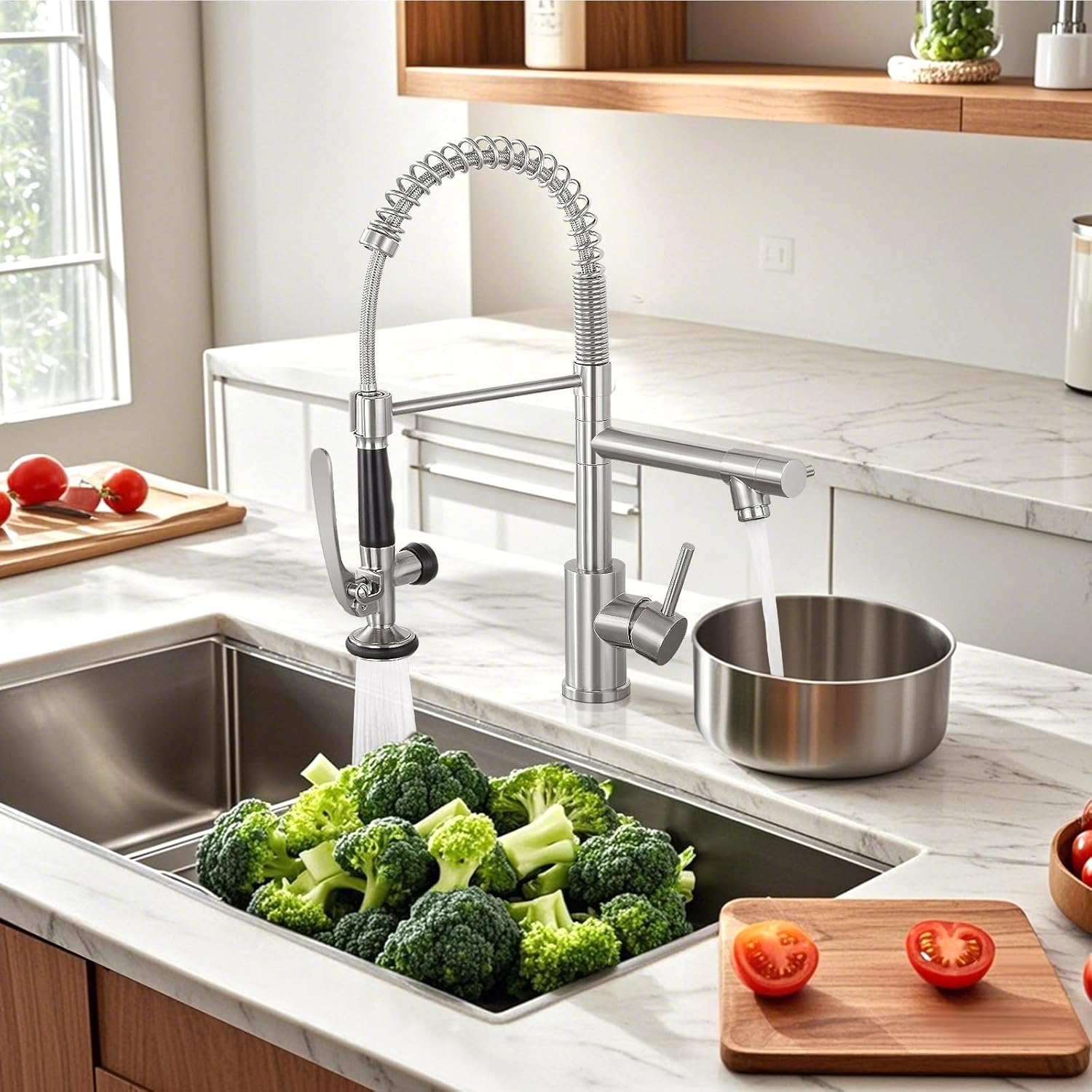 Commercial Kitchen Faucet with Pull Down Sprayer, Stainless Steel Kitchen Sink Faucet, Single Handle Spring Kitchen Faucets (Brush Nickle)