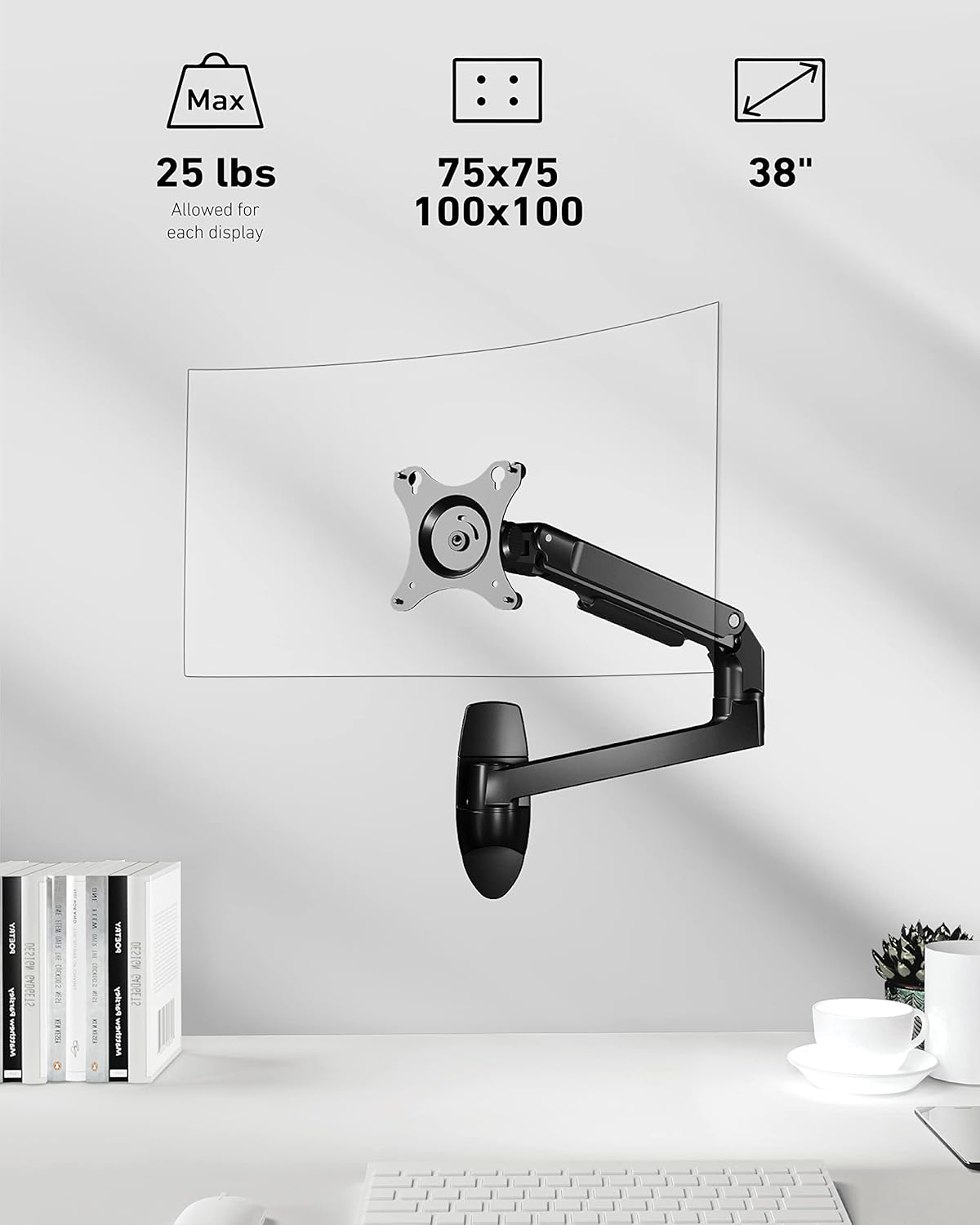 Single Monitor Wall Mount for Flat or Curved Screens up to 38" Within 25 lbs, Full Motion Adjustable Monitor Arm with Cable Management, VESA 75x75/100x100mm, Black