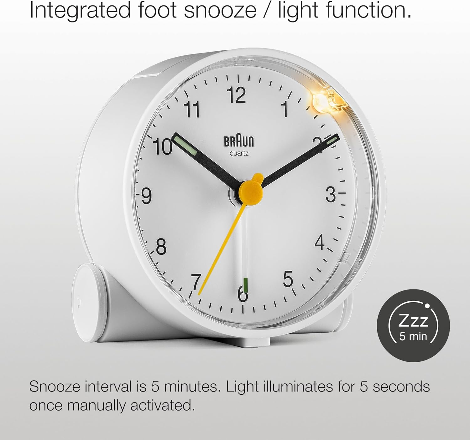 Braun Classic Analogue Alarm Clock with Snooze and Light, Quiet Quartz Movement, Crescendo Beep Alarm in White, Model BC01W.