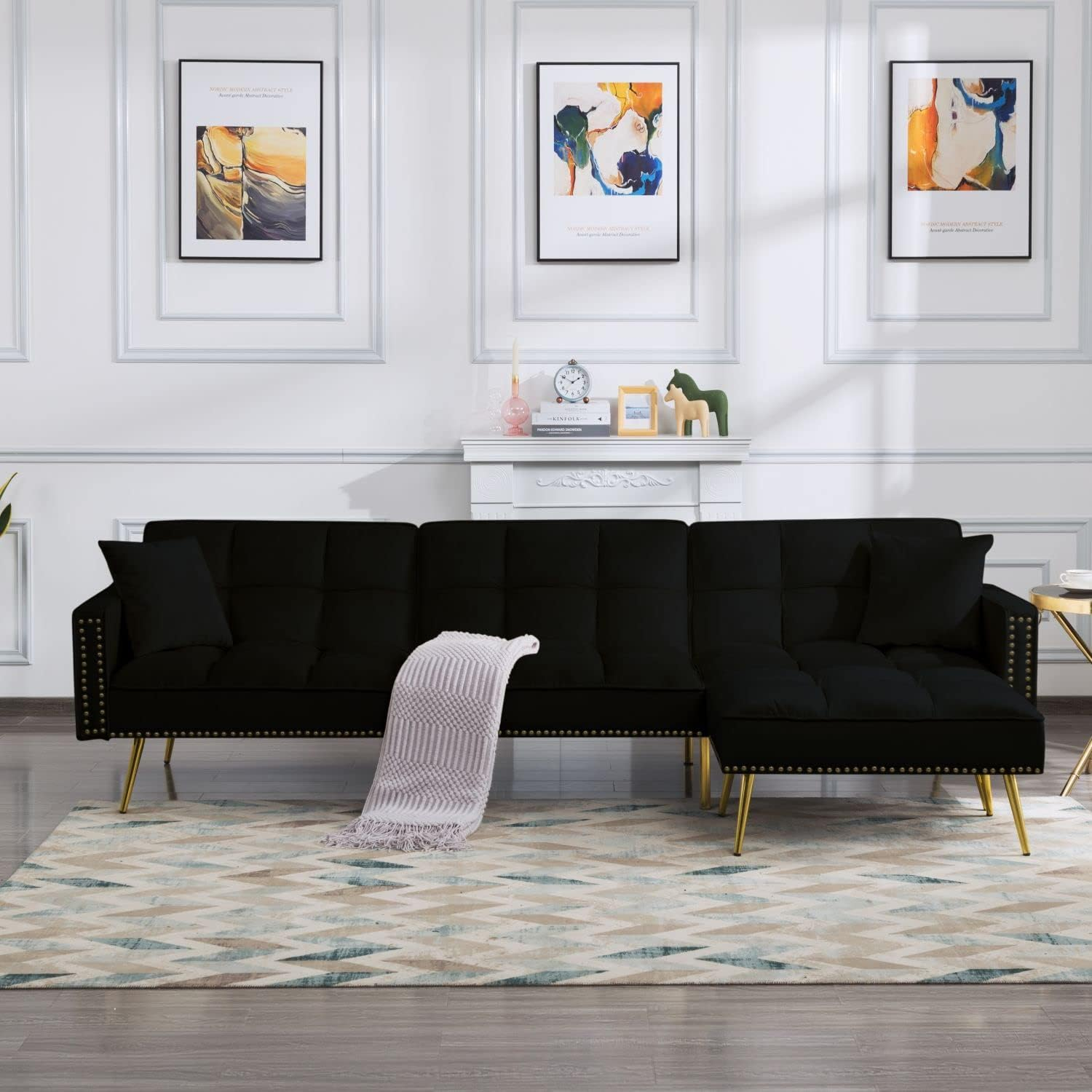 Eafurn Velvet Upholstery Convertible Sleeper Sofa Bed with Reversible Chaise,L Shaped Sectional Couch w/Reclining Backrest and 2 Pillows,Comfy Corner Sofa & Coues for Living Room Furniture Sets