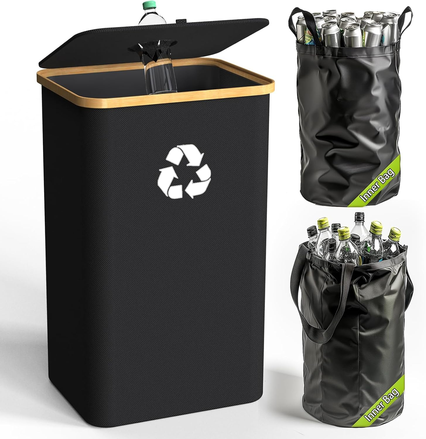 Recycling Bin for Kitchen Indoor Home, Large 26 Gallon 100L Recycle Bin with Lid Removeable Reusable Inner Bag Bottle Can Glass Waste Plastice Stickers,Black