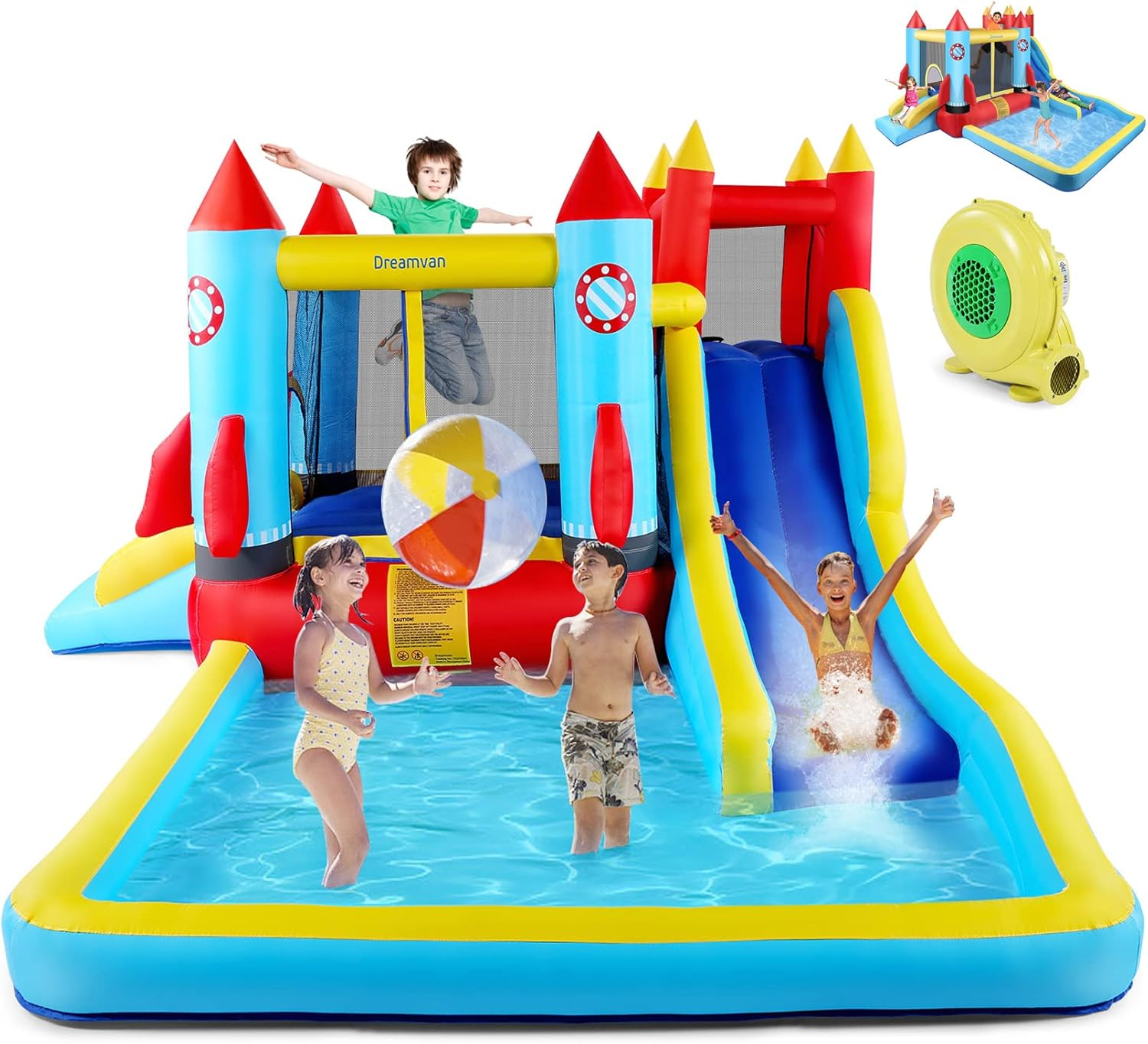Ktaxon Inflatable Bounce House with Blower for Kids 3+, Indoor & Outdoor Bouncy Castle with Slide, Perfect for Birthday Parties, Backyard, Lawn